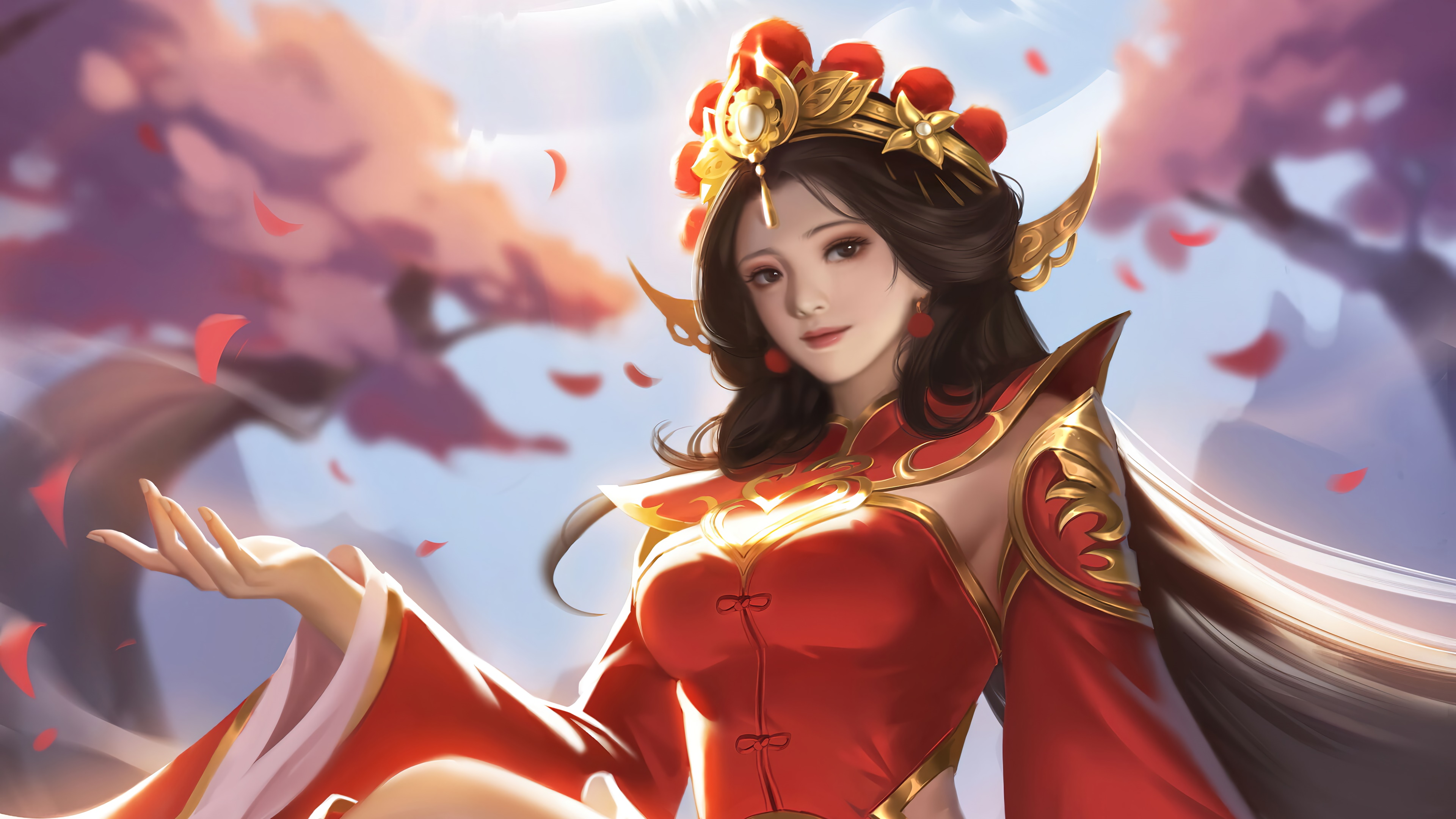 Fantasy girl in red and gold attire with flower petals HD Wallpaper