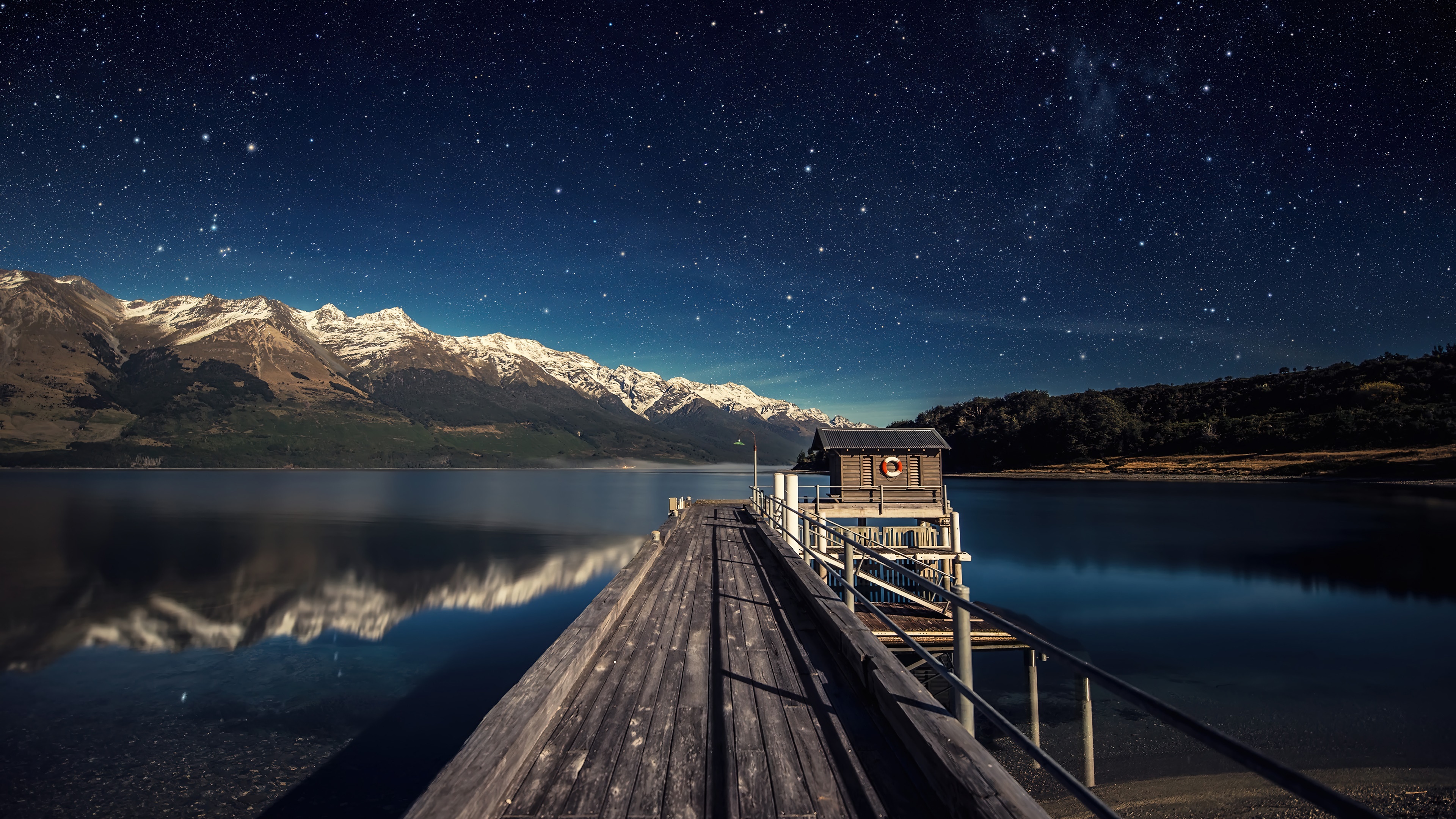 Wooden Pier and Mountains under Starry Night Sky, New Zealand 4K HD Wallpaper