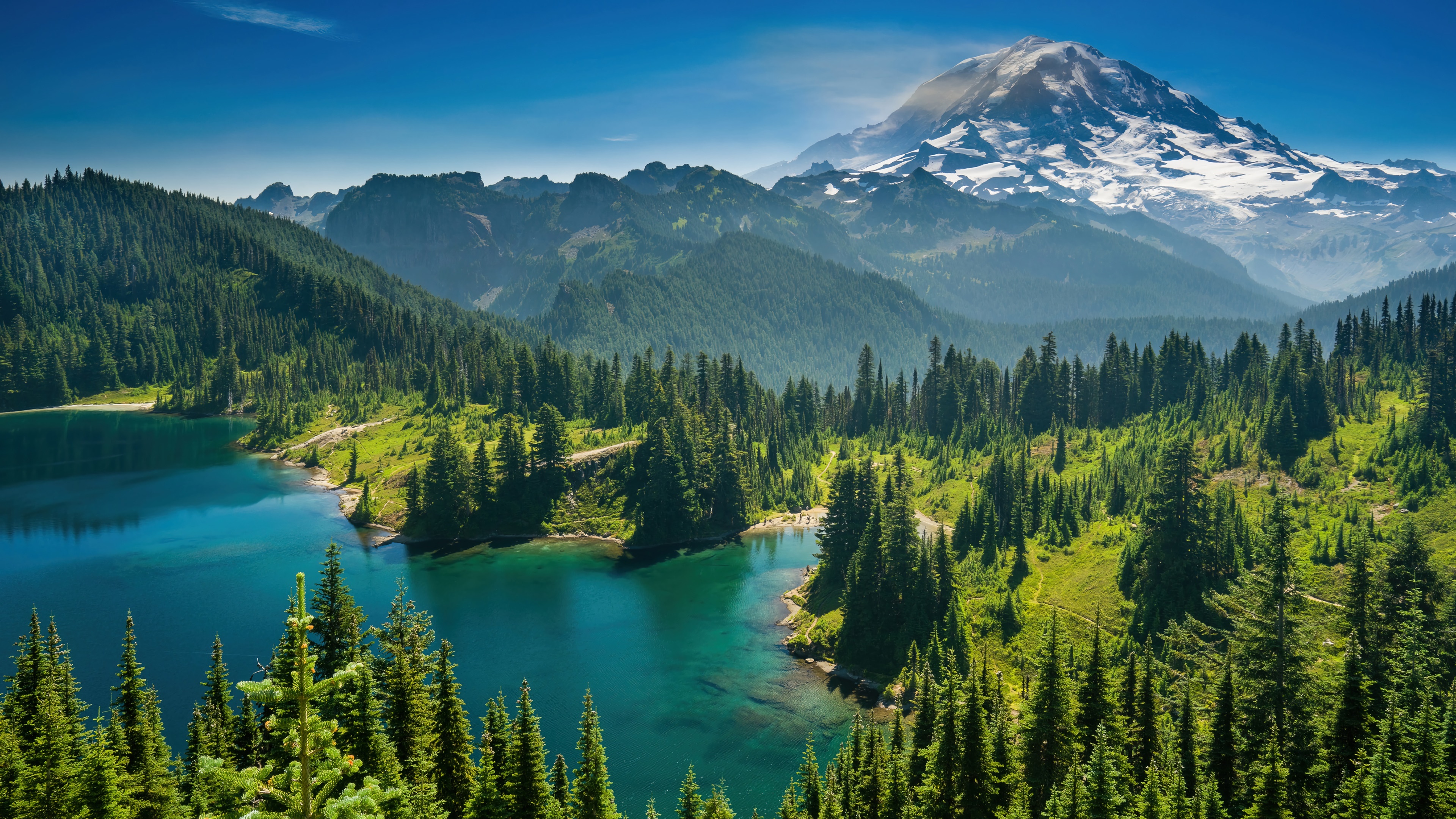 Lake and Forest with Snow-Capped Mountain HD Wallpaper