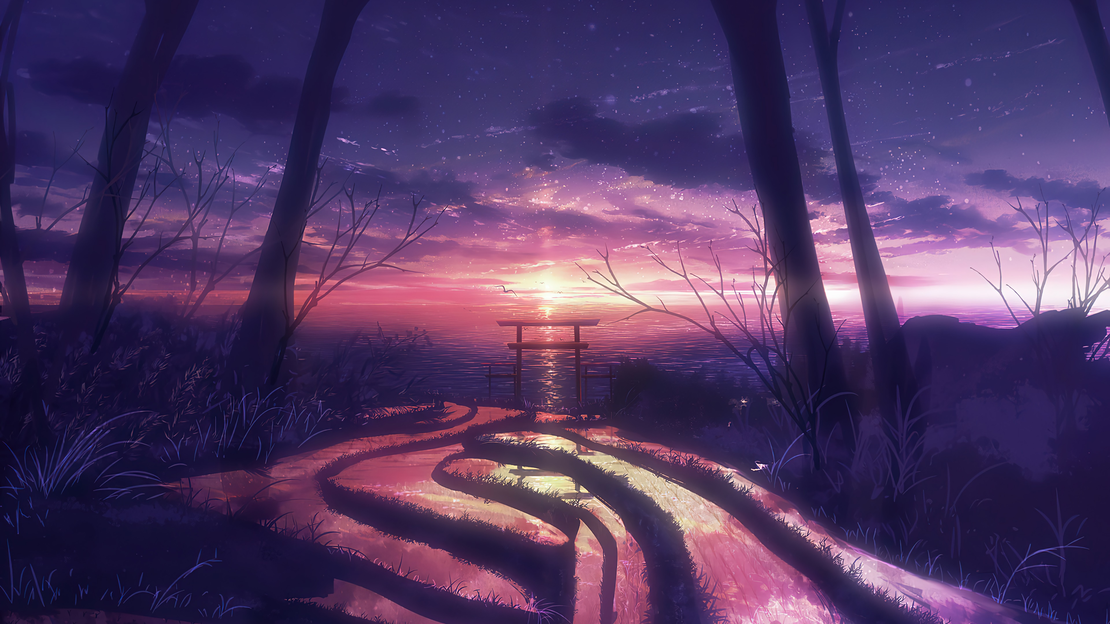 Anime sunset over the ocean with torii gate HD Wallpaper