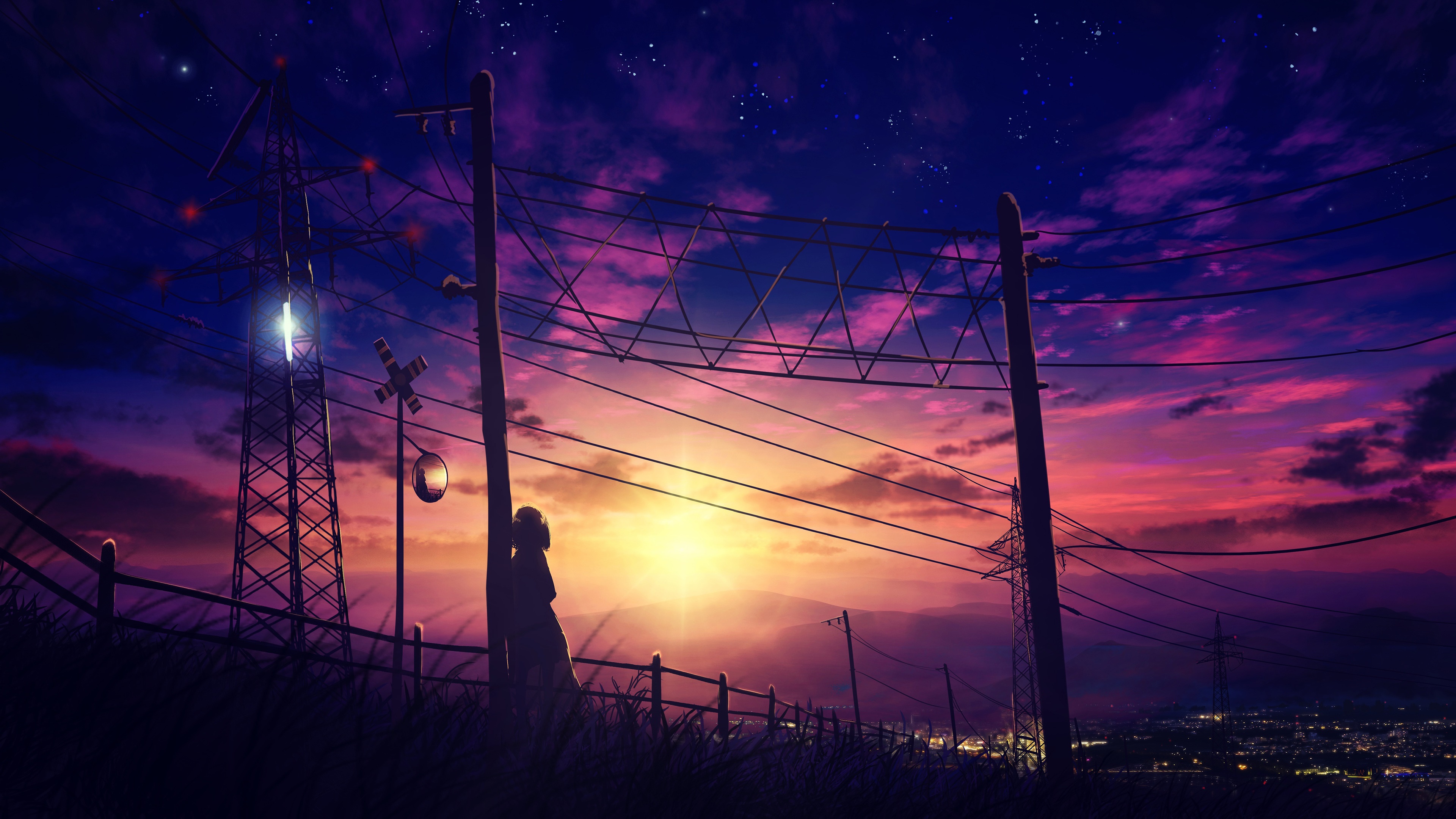 Anime girl silhouette at sunset with power lines HD Wallpaper