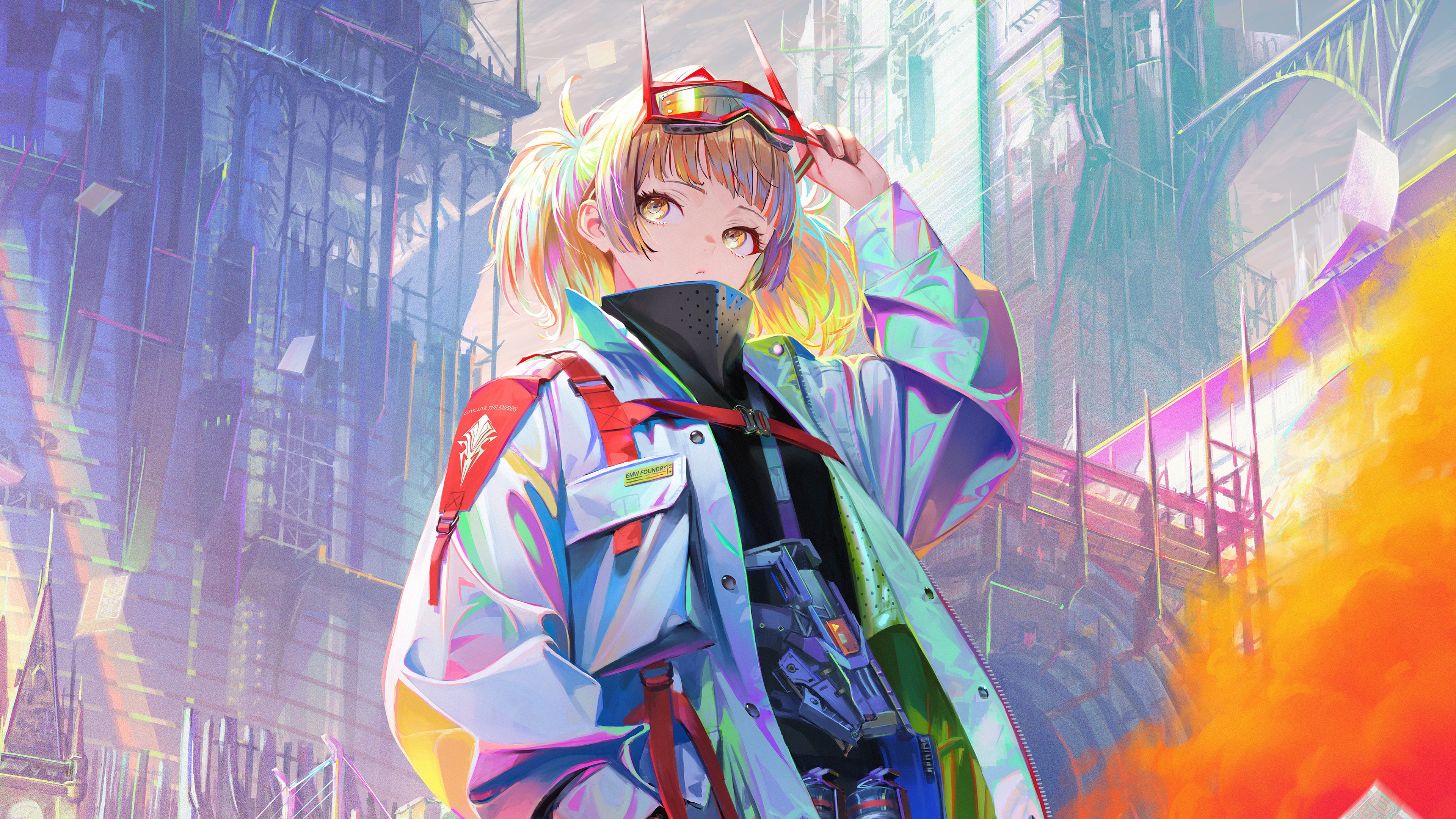 Anime girl with goggles in futuristic city 4K HD Wallpaper