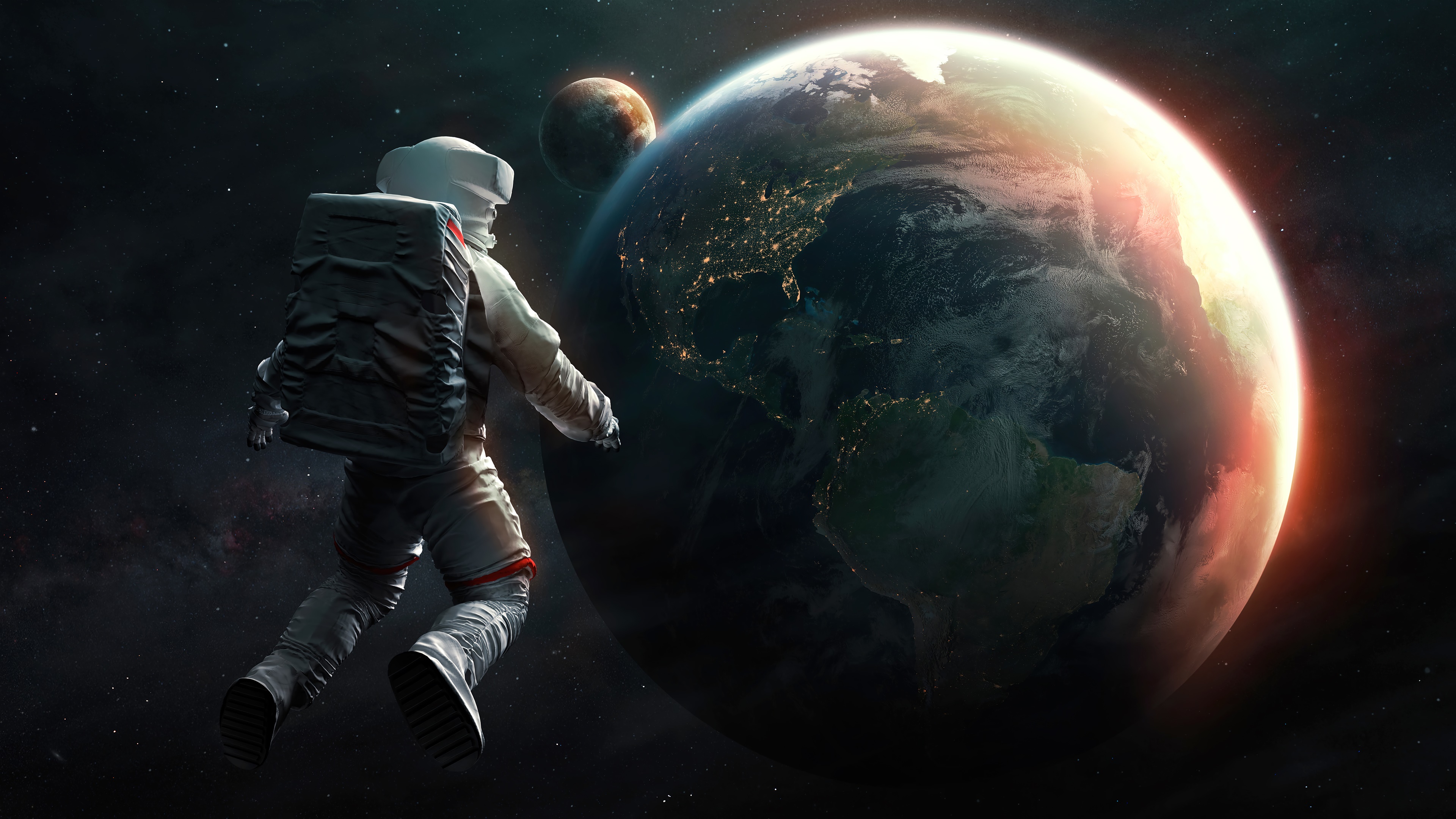 Astronaut floating near Earth and moon in space 4K HD Wallpaper
