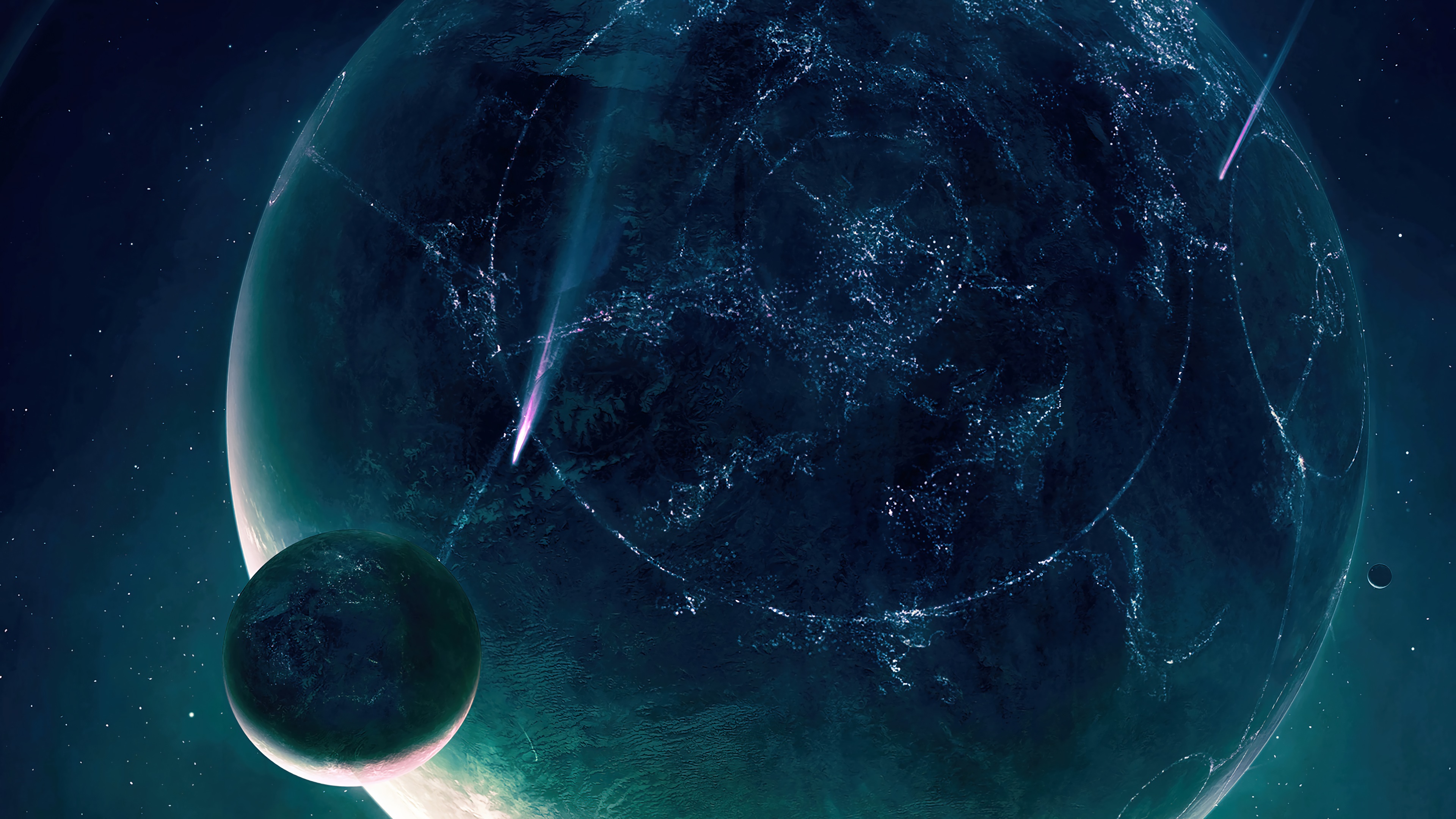 Sci-fi planet with moons and comets 4K HD Wallpaper