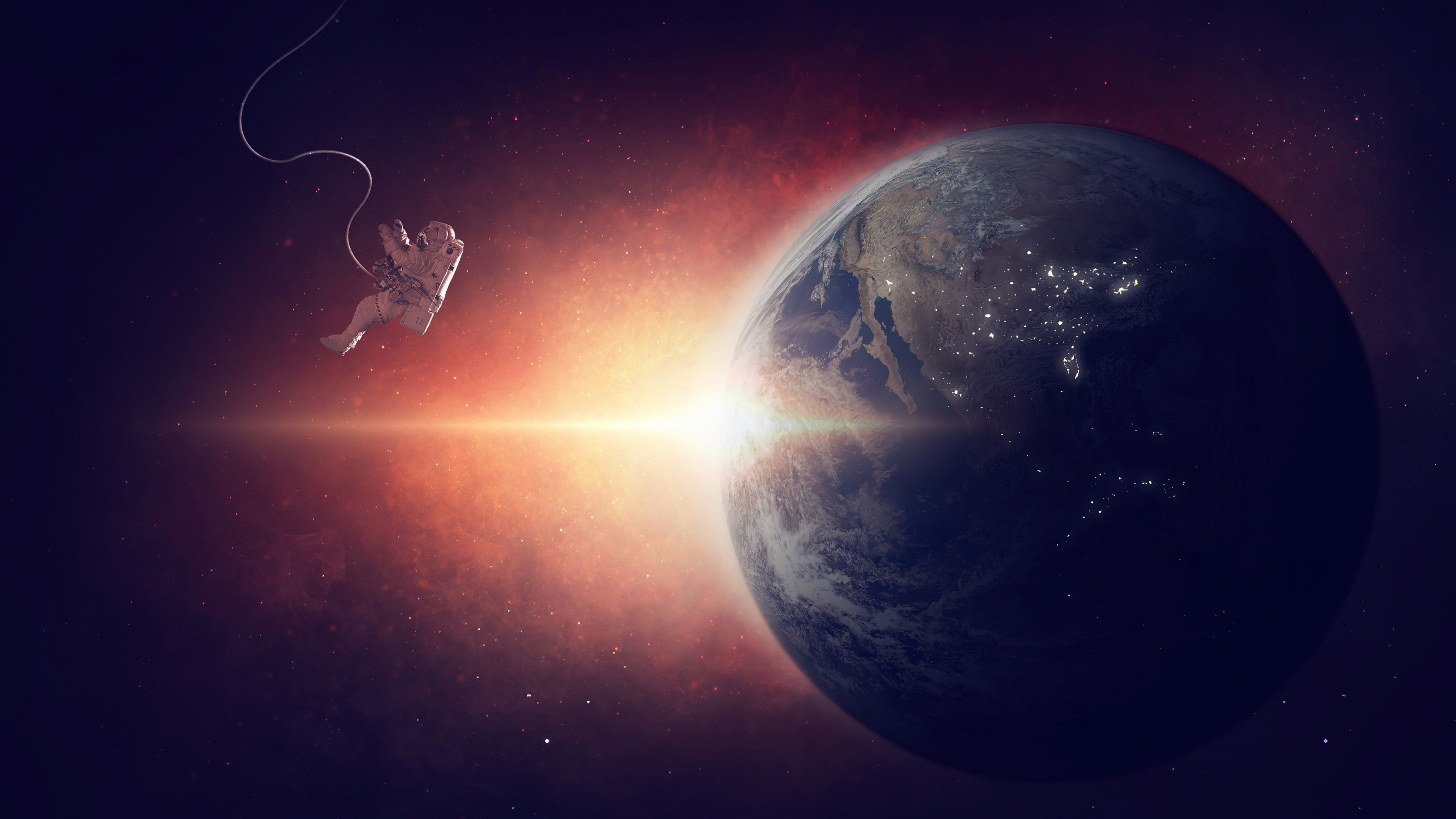 Astronaut floating in space with Earth and sun HD Wallpaper