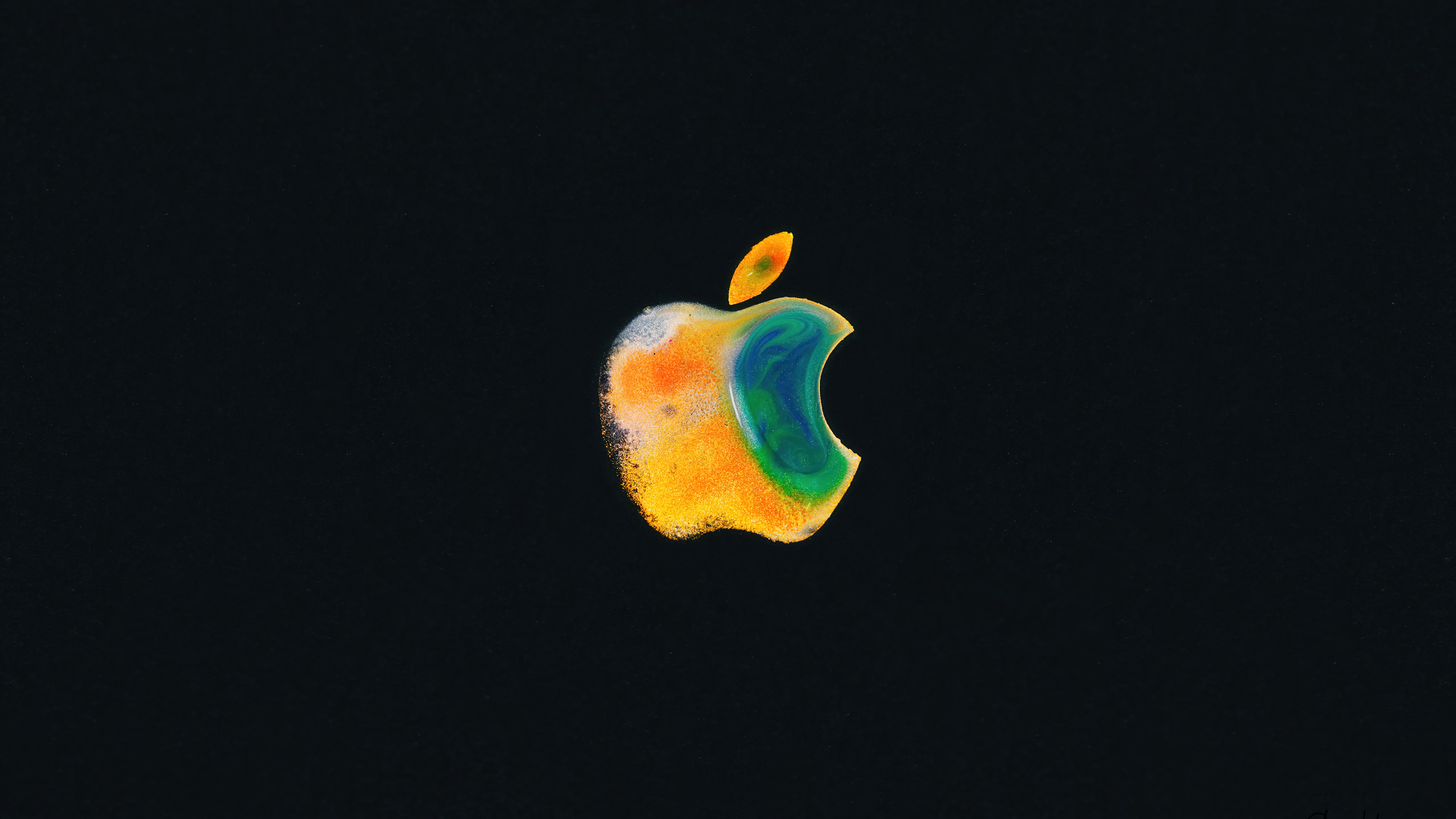 Apple logo with colorful paint splatter on black background 4K HD Wallpaper