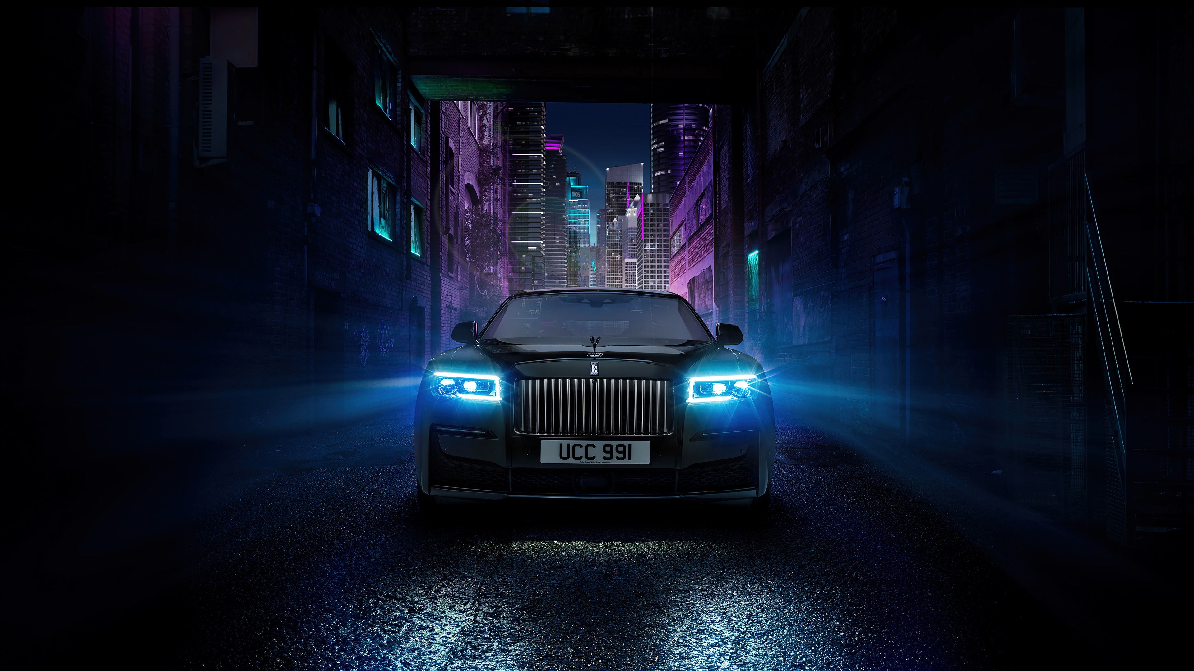 Rolls Royce car in a dark city alley at night HD Wallpaper