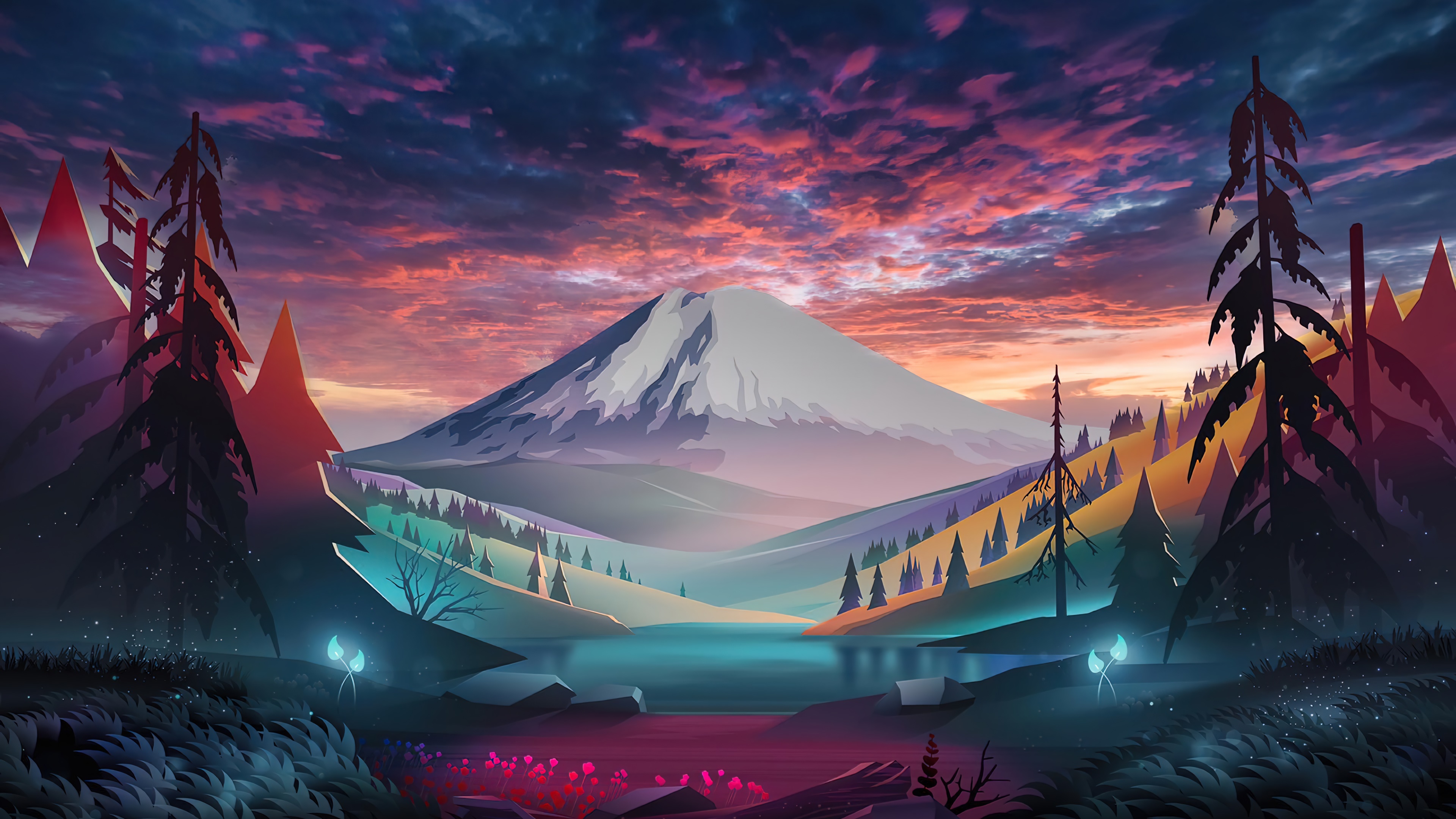 Digital art of a mountain landscape at sunset HD Wallpaper