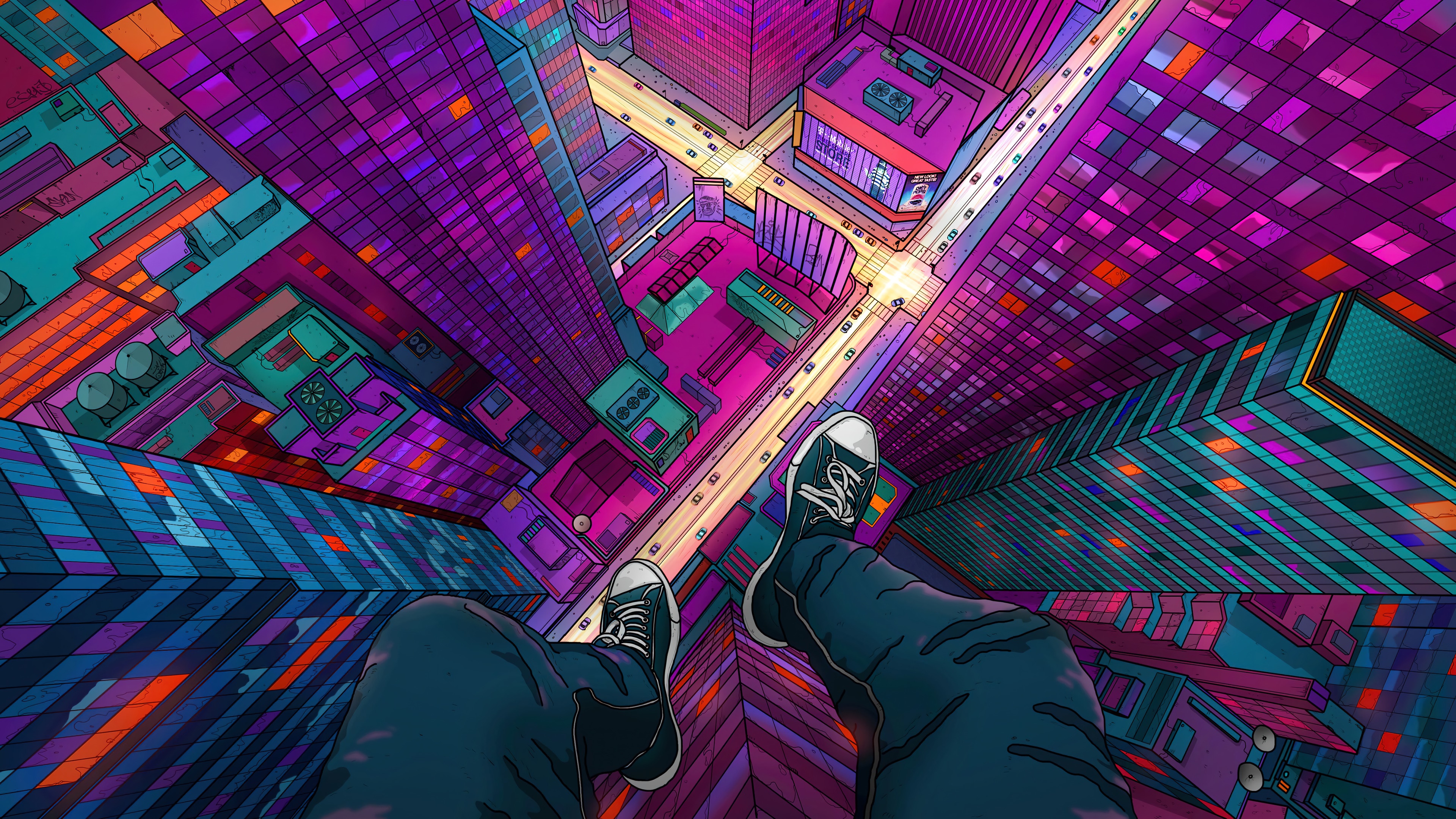 Aerial view of a neon city at night HD Wallpaper