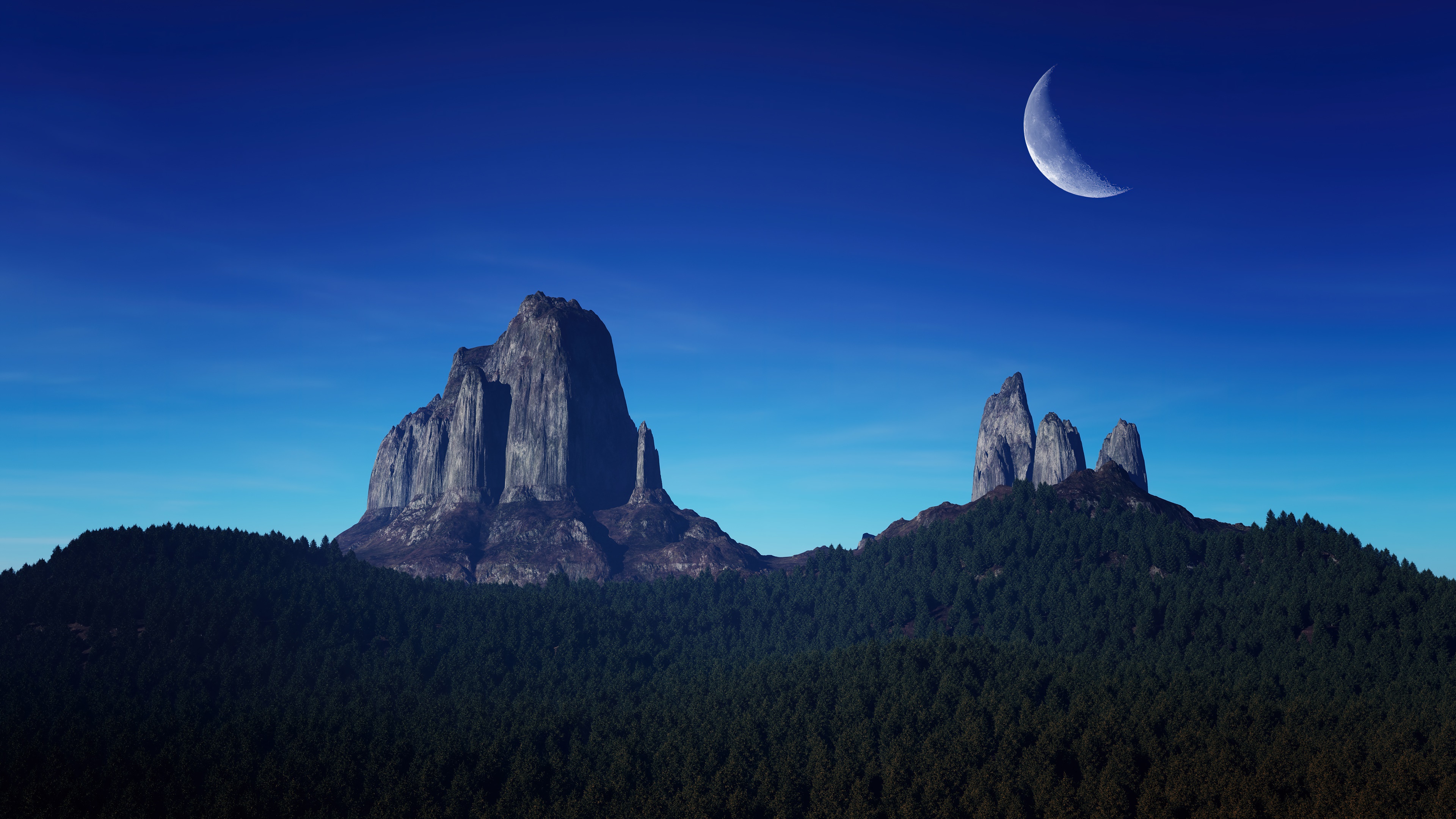 Mountains and forest under a crescent moon in the sky 4K HD Wallpaper