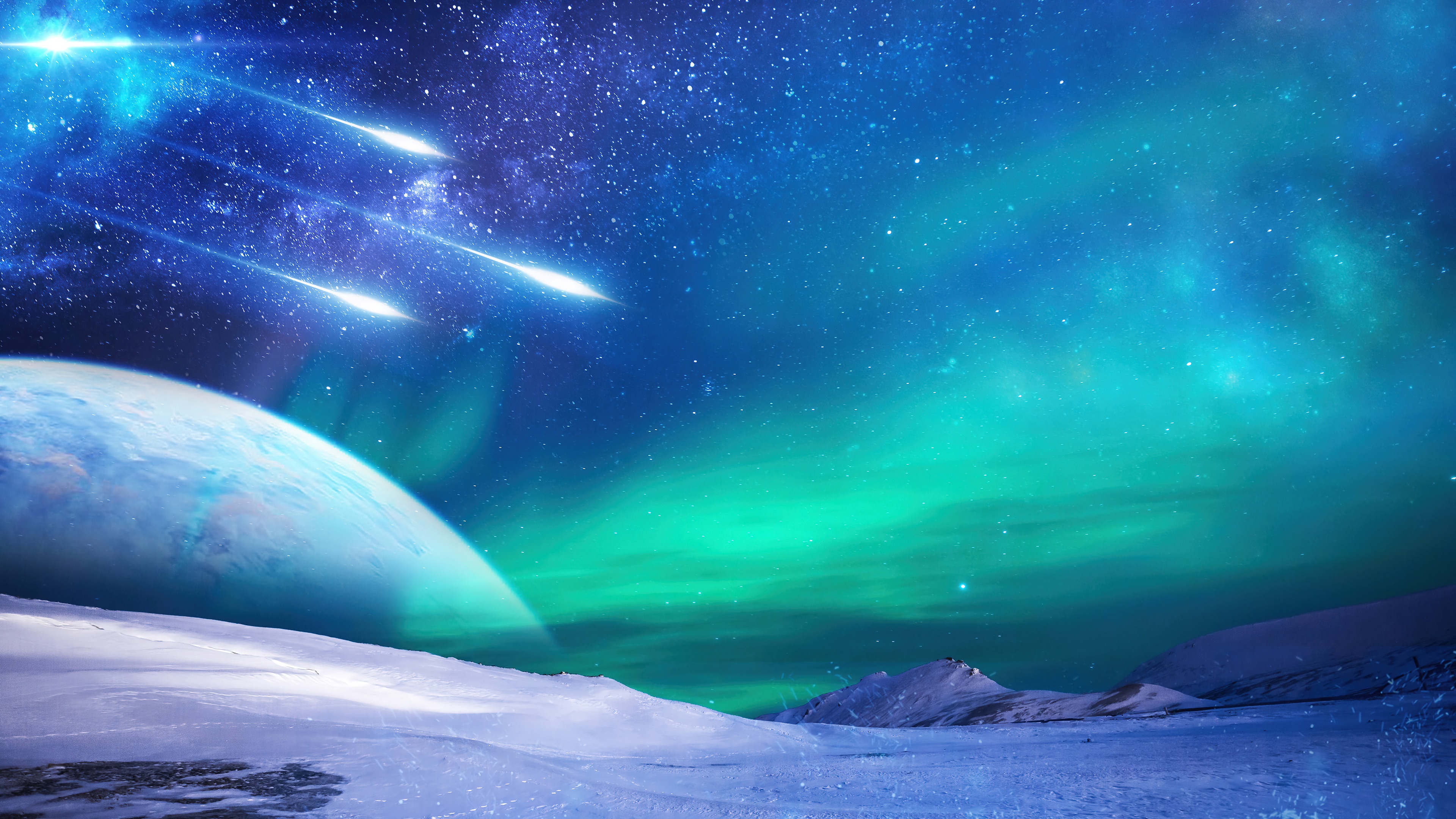 Aurora Borealis over a Snowy Landscape with a Planet and Comets HD Wallpaper