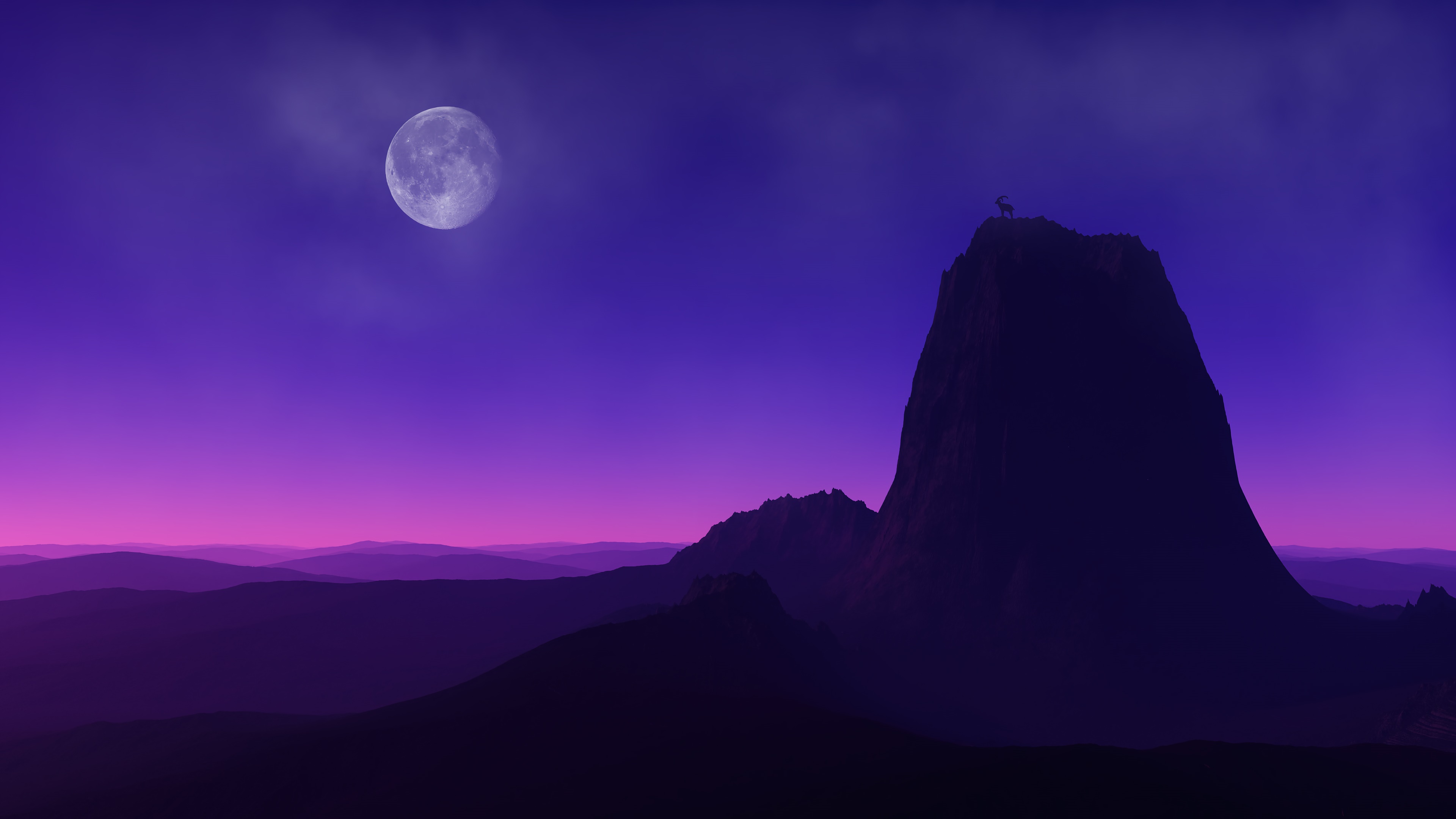 Mountain peak with goat under the moon at dusk 4K HD Wallpaper