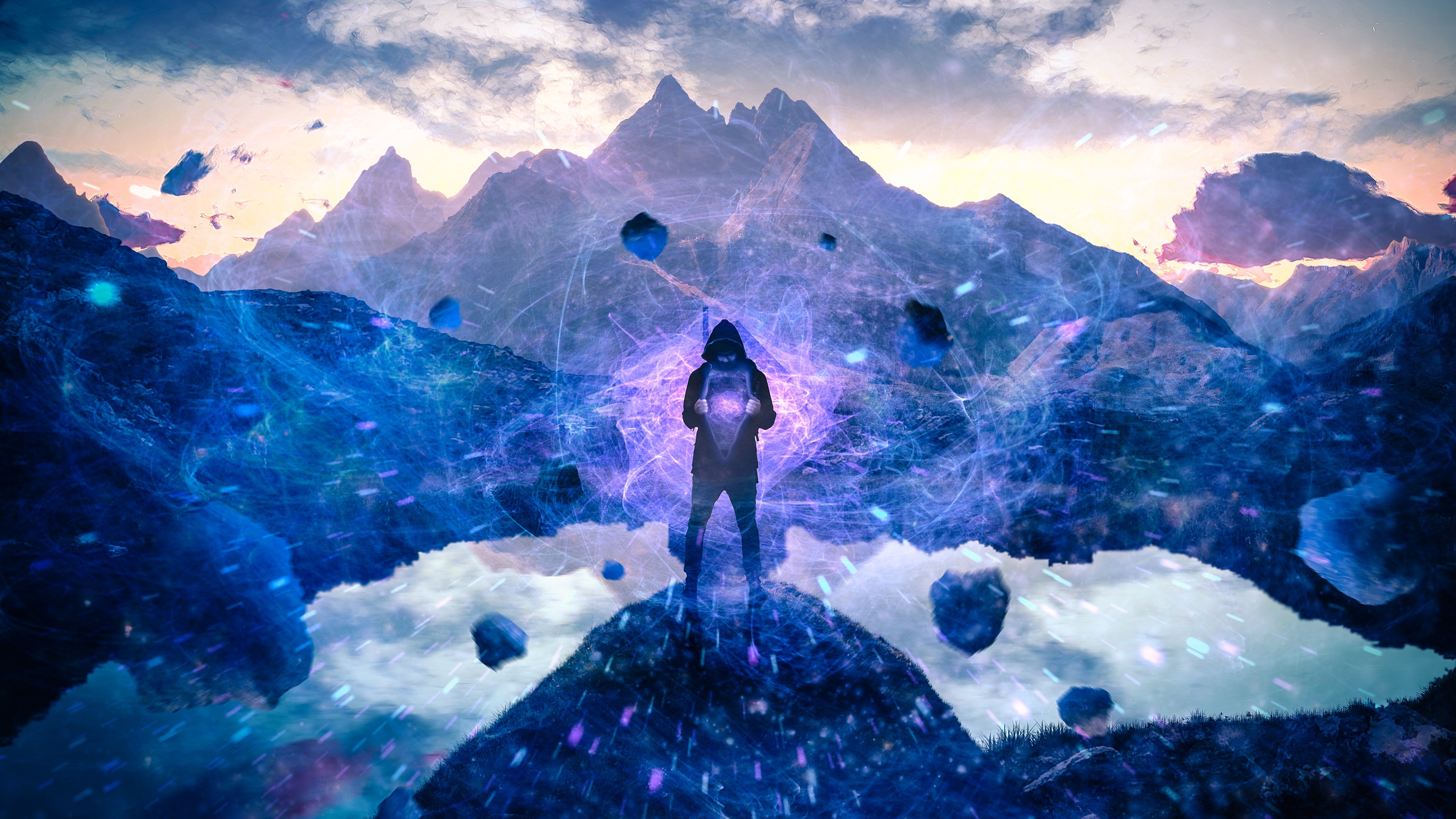 Man with energy powers in mountains 4K HD Wallpaper