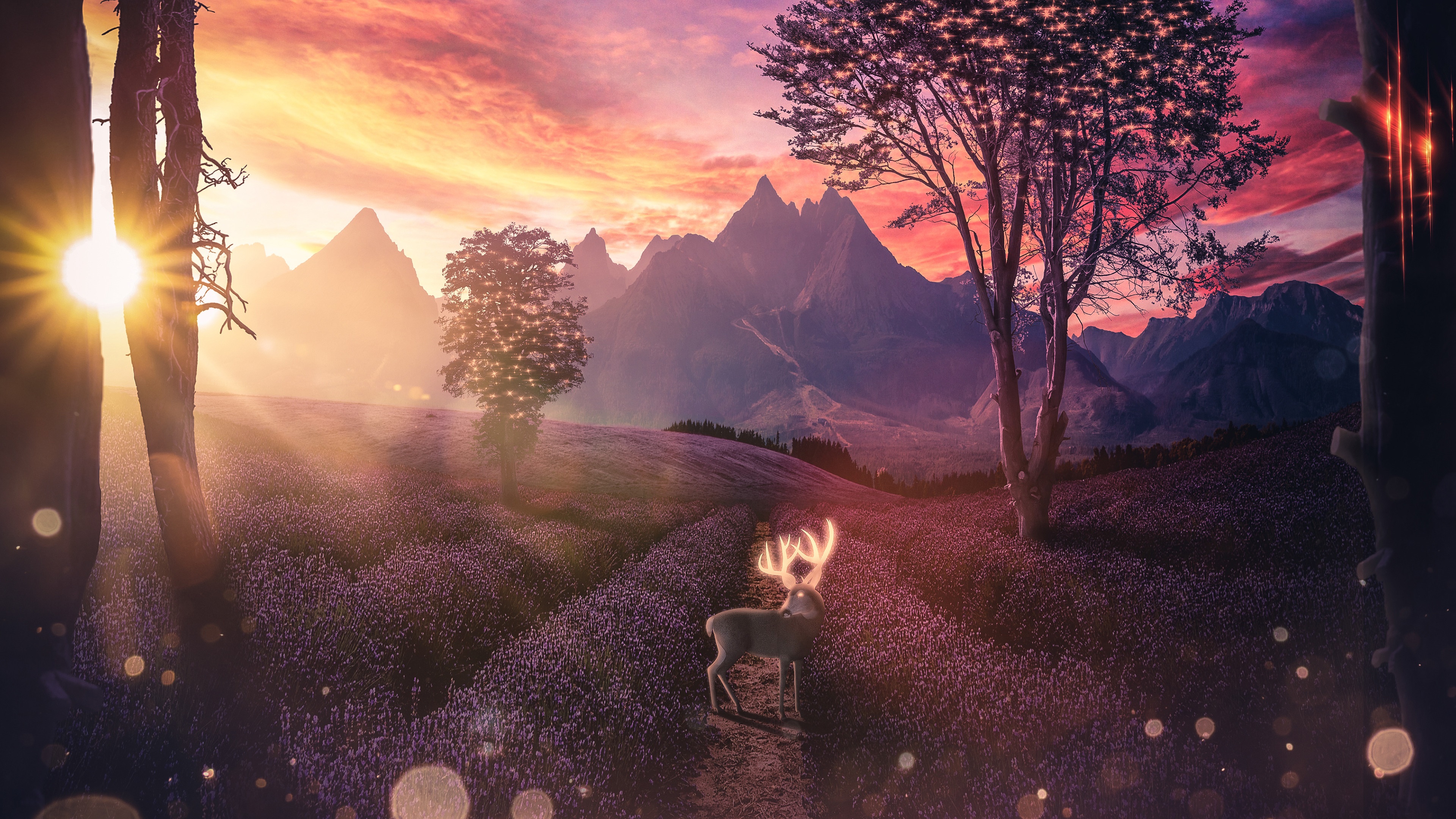 Deer in a lavender field at sunset, digital art 4K HD Wallpaper
