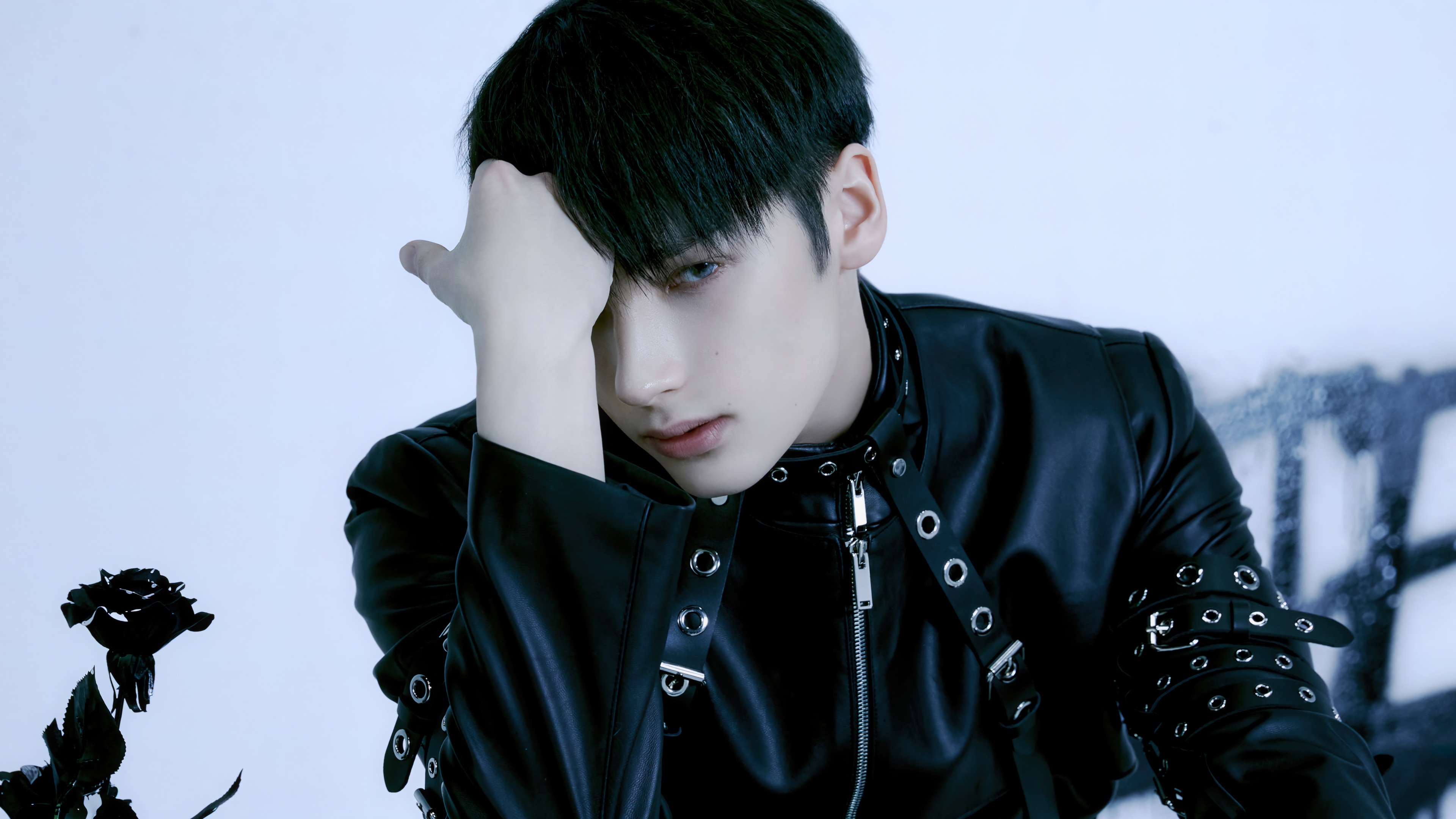 Hueningkai from TXT in black leather outfit HD Wallpaper