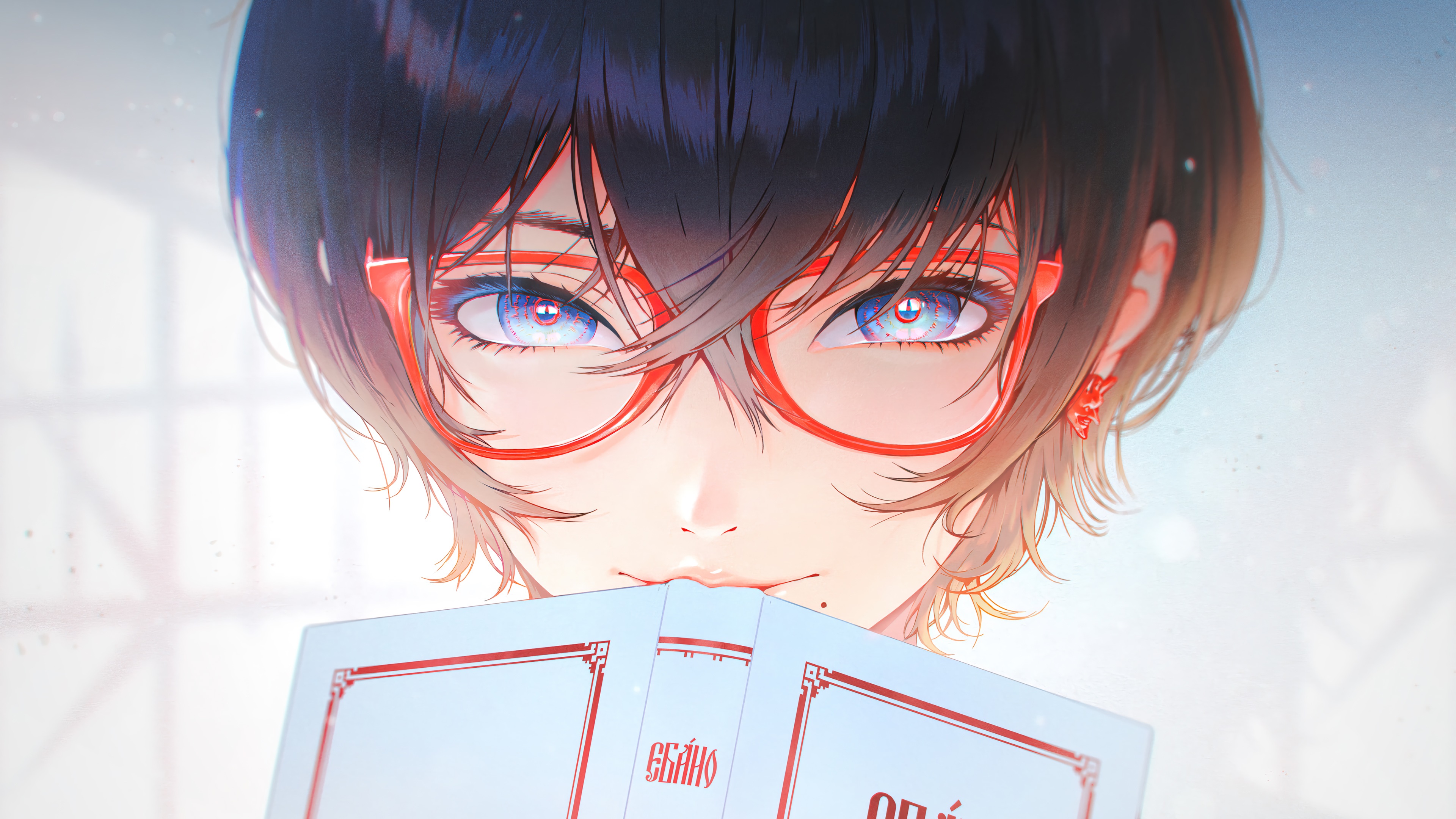 Anime girl with glasses reading a book 4K HD Wallpaper