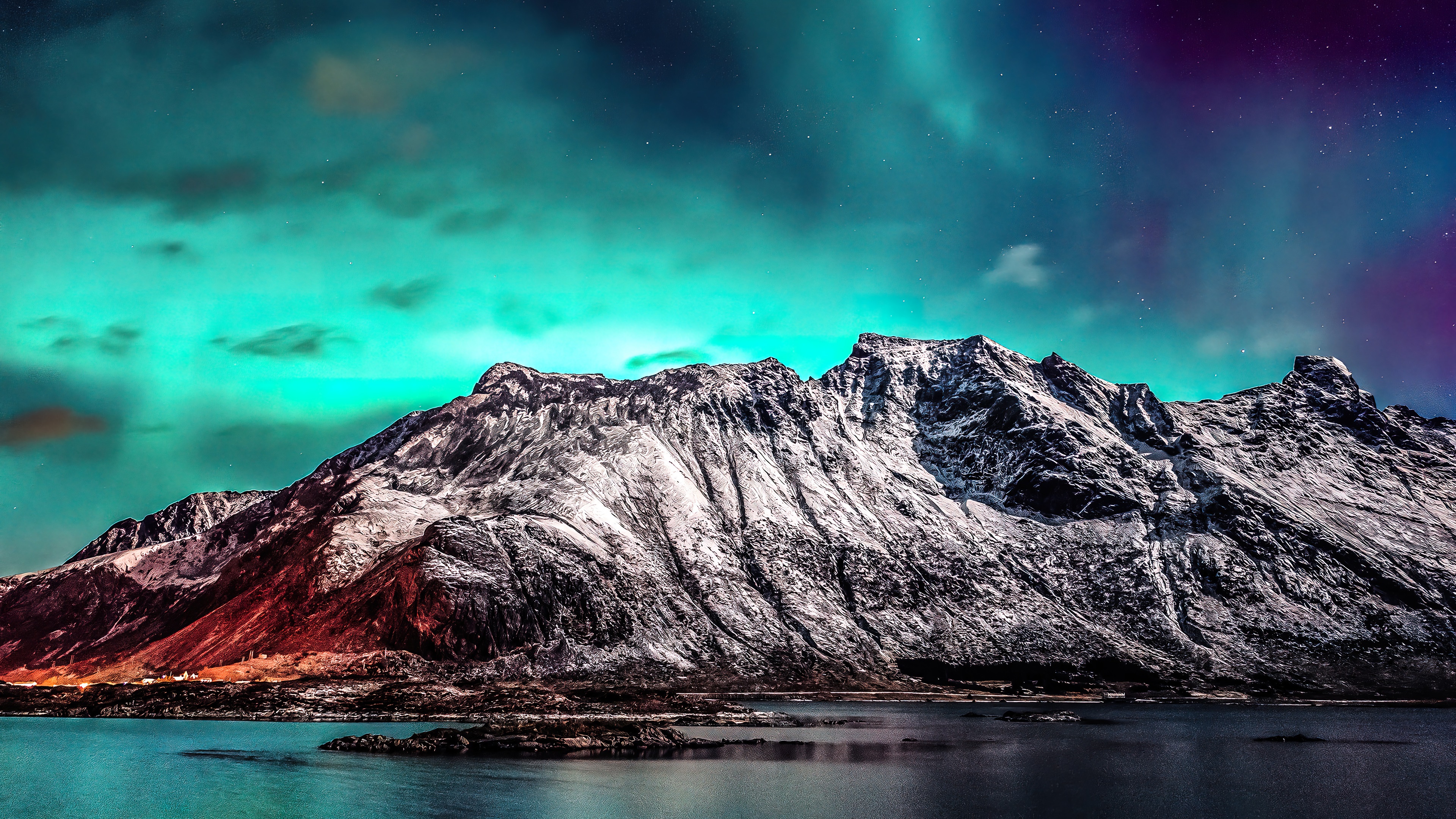 Aurora Borealis over Snowy Mountains and Lake 4K HD Wallpaper
