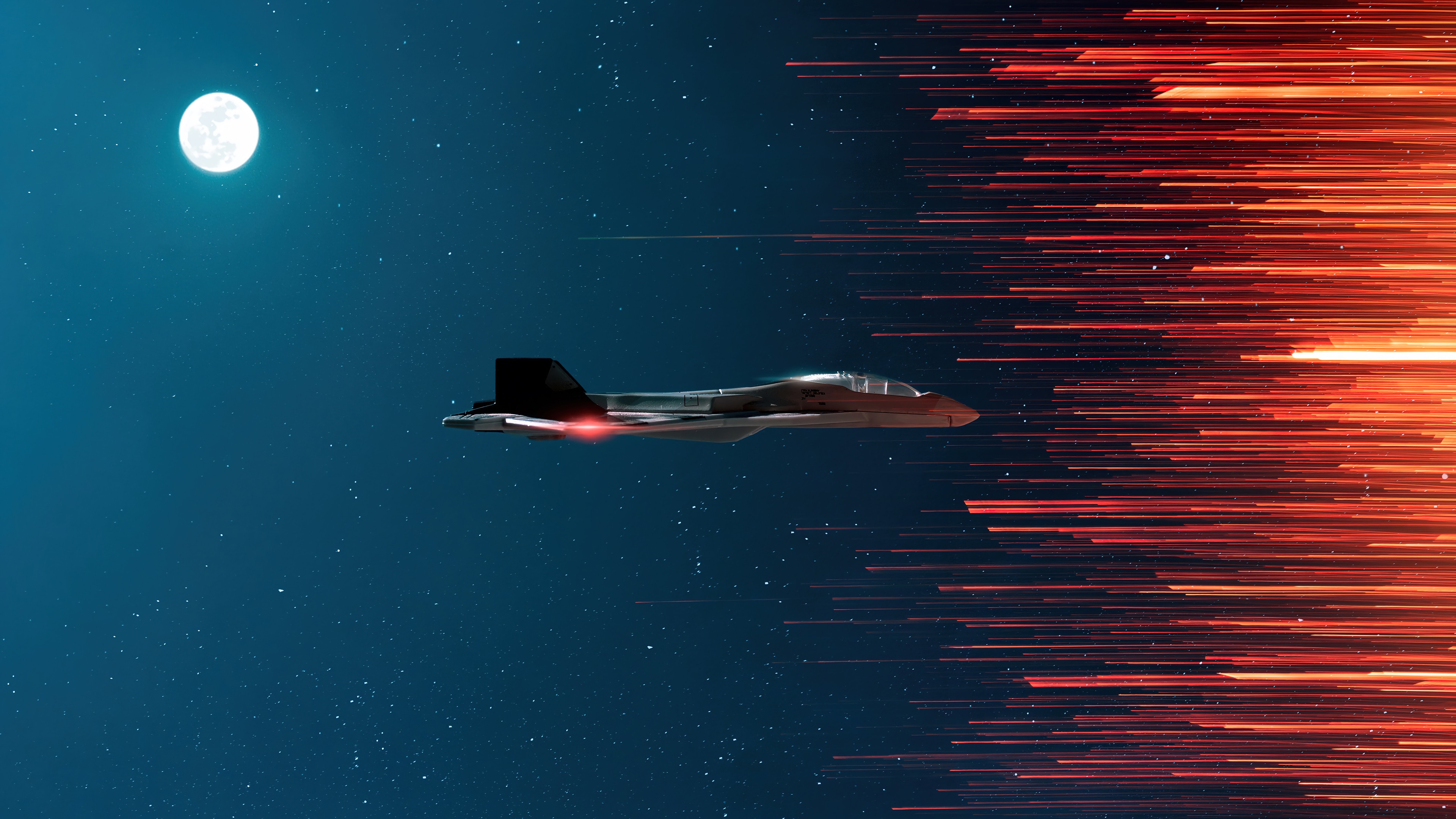 Fighter Jet Speeding Through Space with Moon HD Wallpaper
