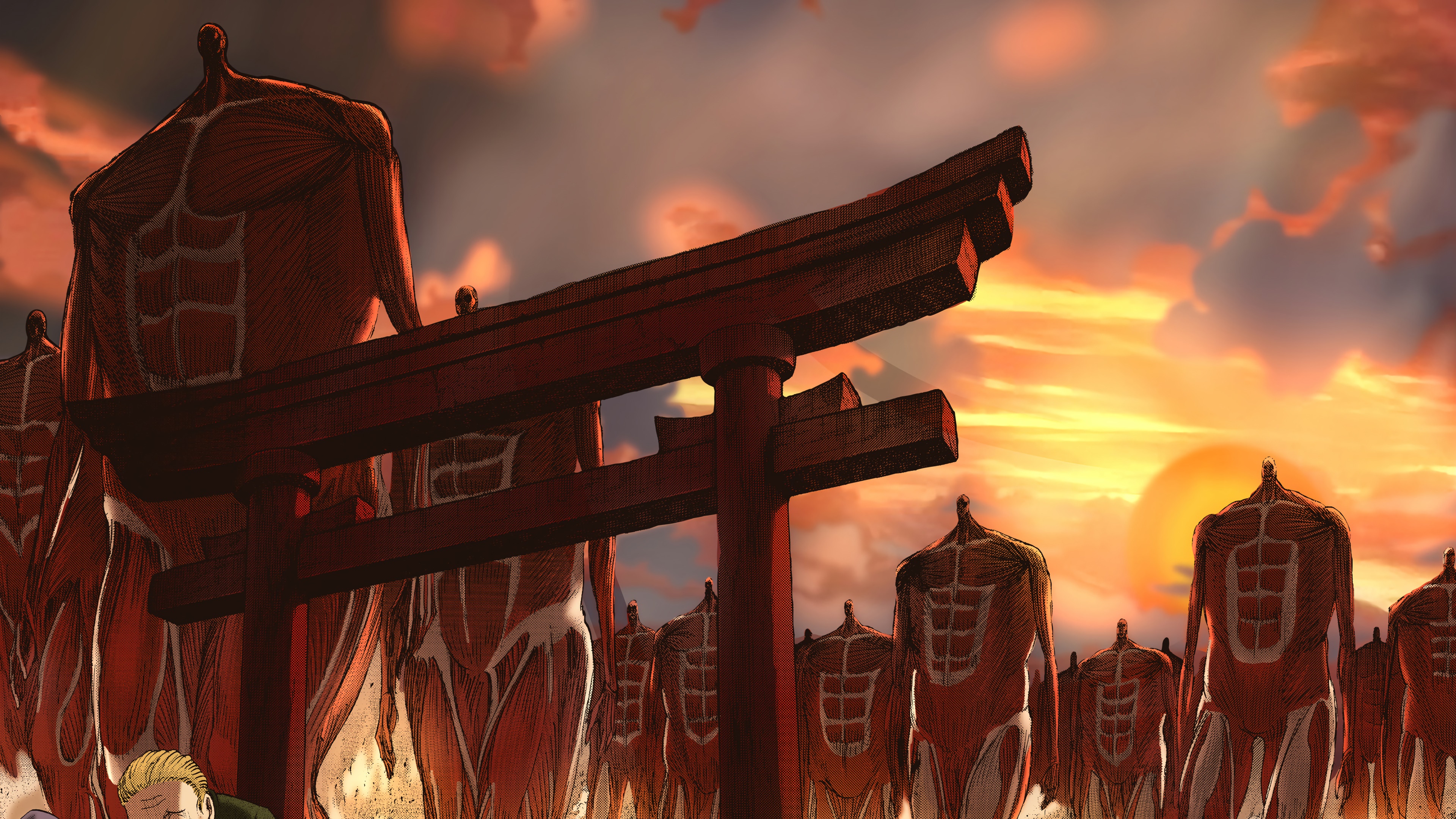 Colossal Titans from Attack on Titan at Sunset HD Wallpaper