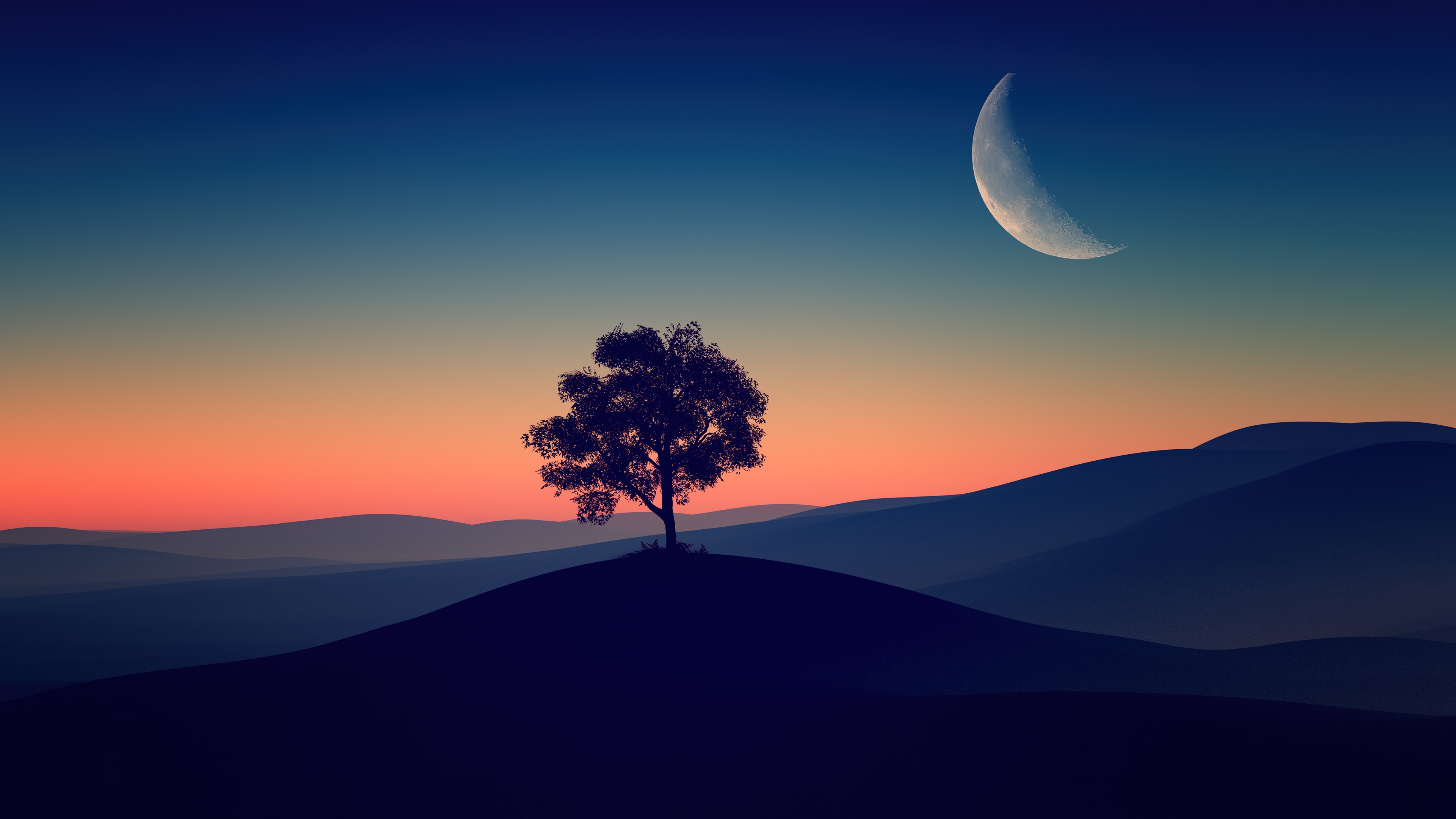 Tree on hill with crescent moon at dusk 4K HD Wallpaper