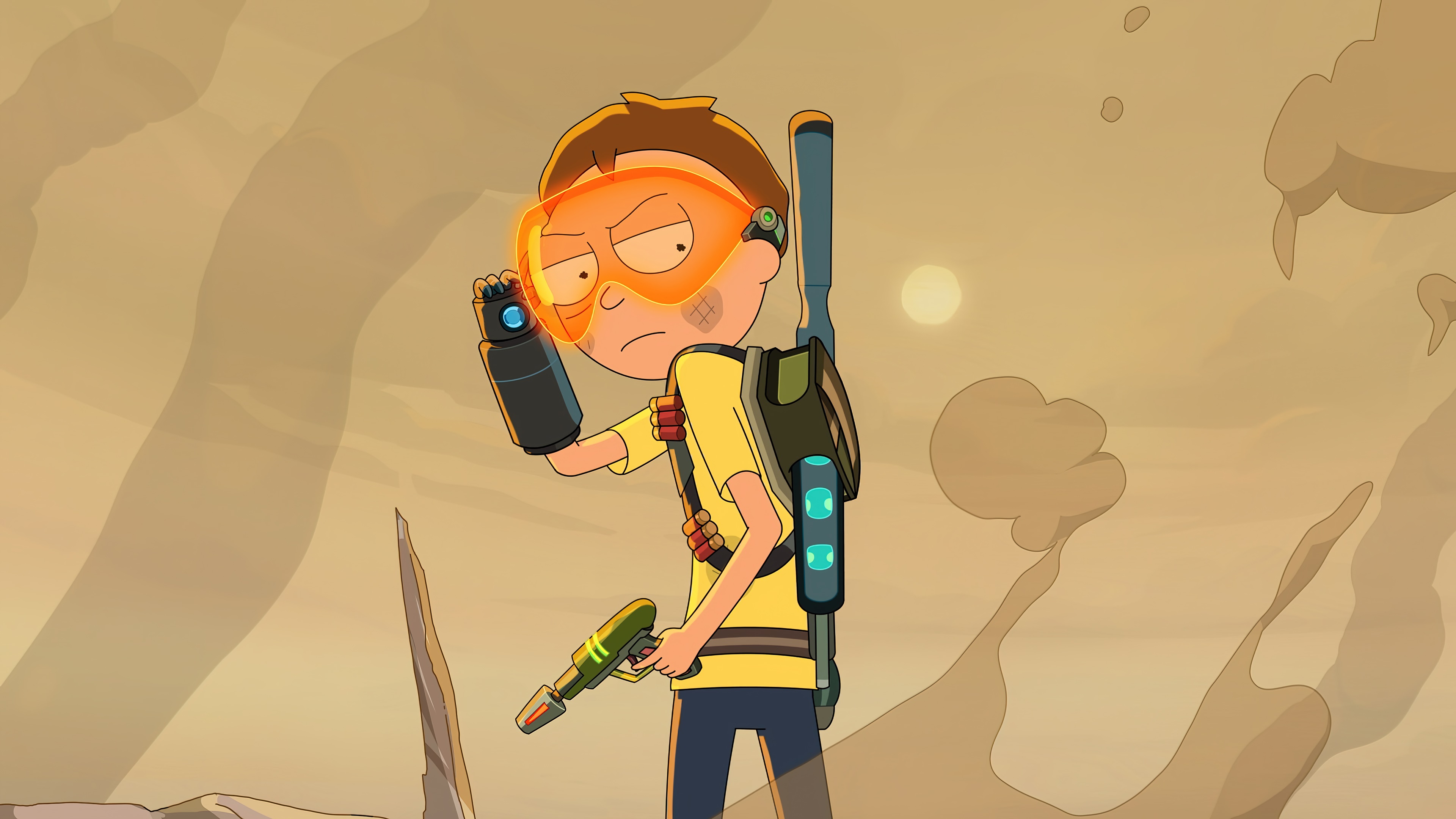 Morty from Rick and Morty with goggles and weapon HD Wallpaper
