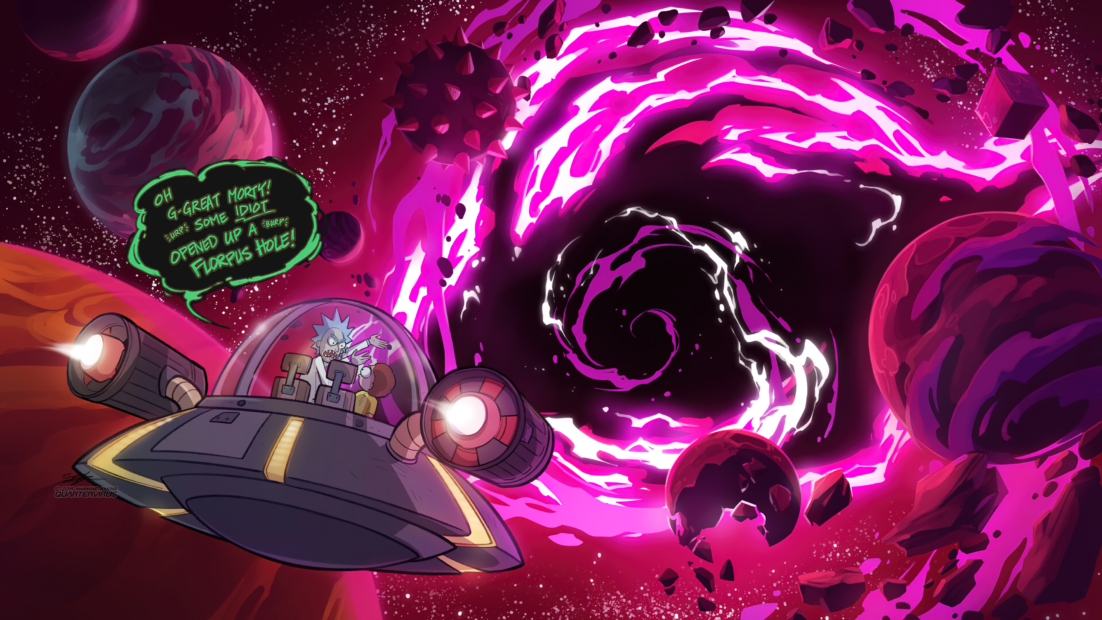 Rick and Morty in a spaceship near a Fl গোলাus Hole HD Wallpaper