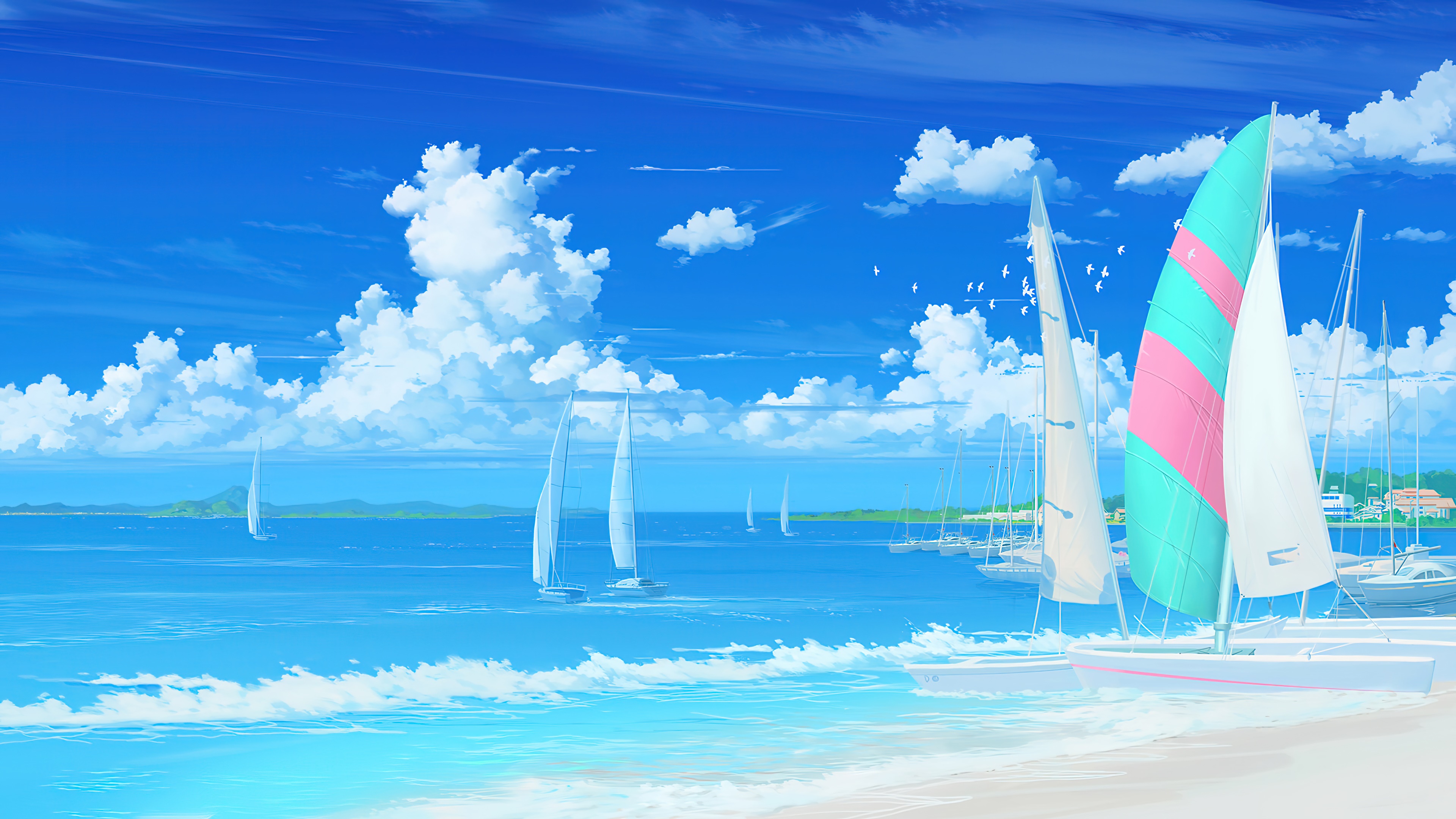 Sailboats on a bright blue ocean under a cloudy sky HD Wallpaper