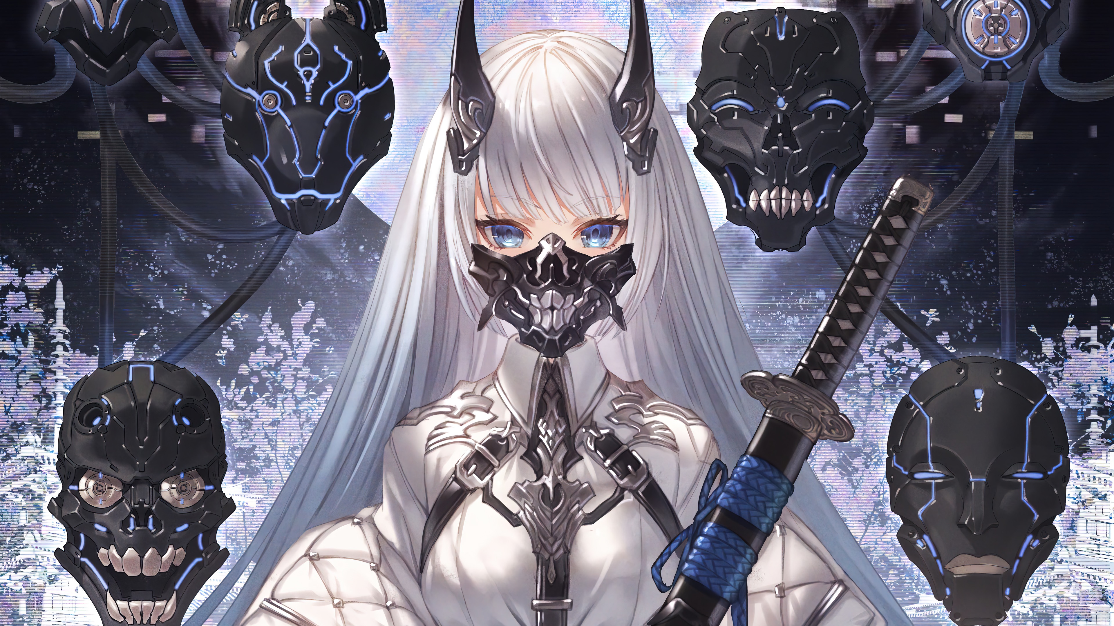 Anime girl with white hair, mask, and katana, 4K HD Wallpaper