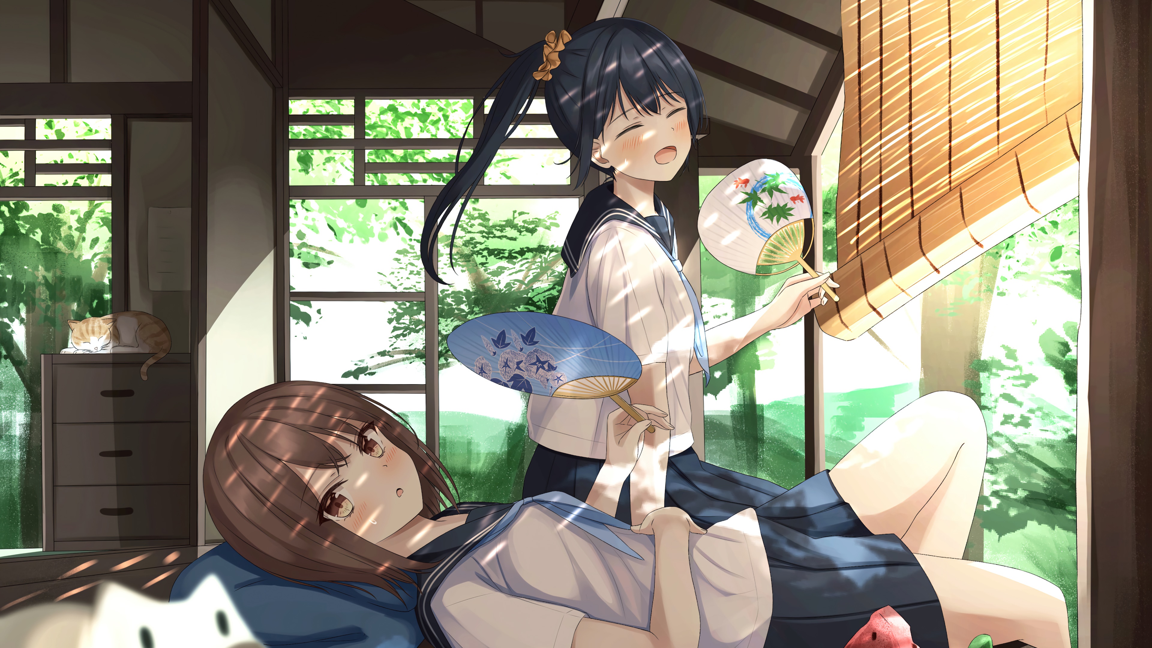 Anime girls with fans in a Japanese room HD Wallpaper