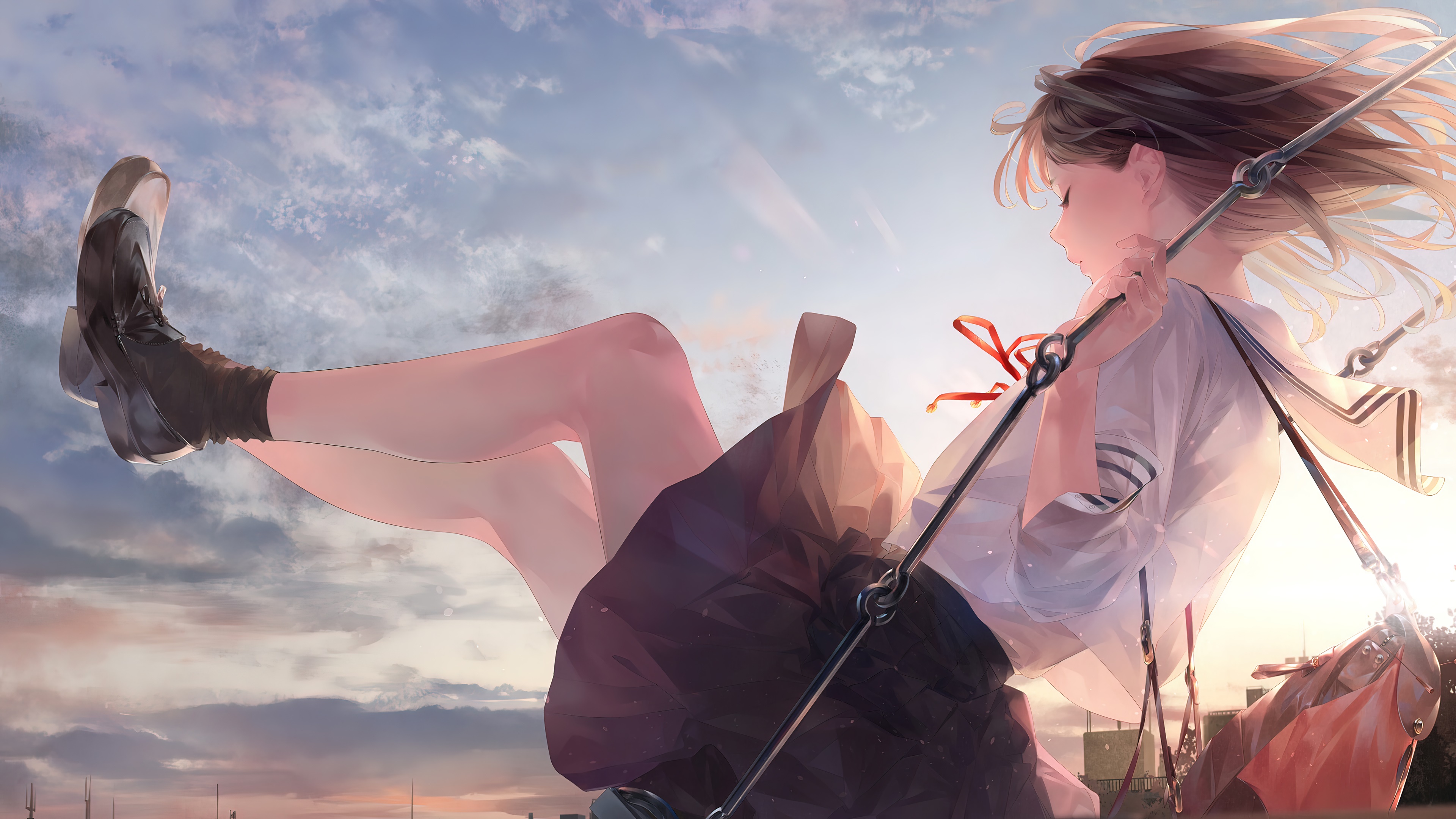 Anime girl on a swing at sunset 4K HD Wallpaper