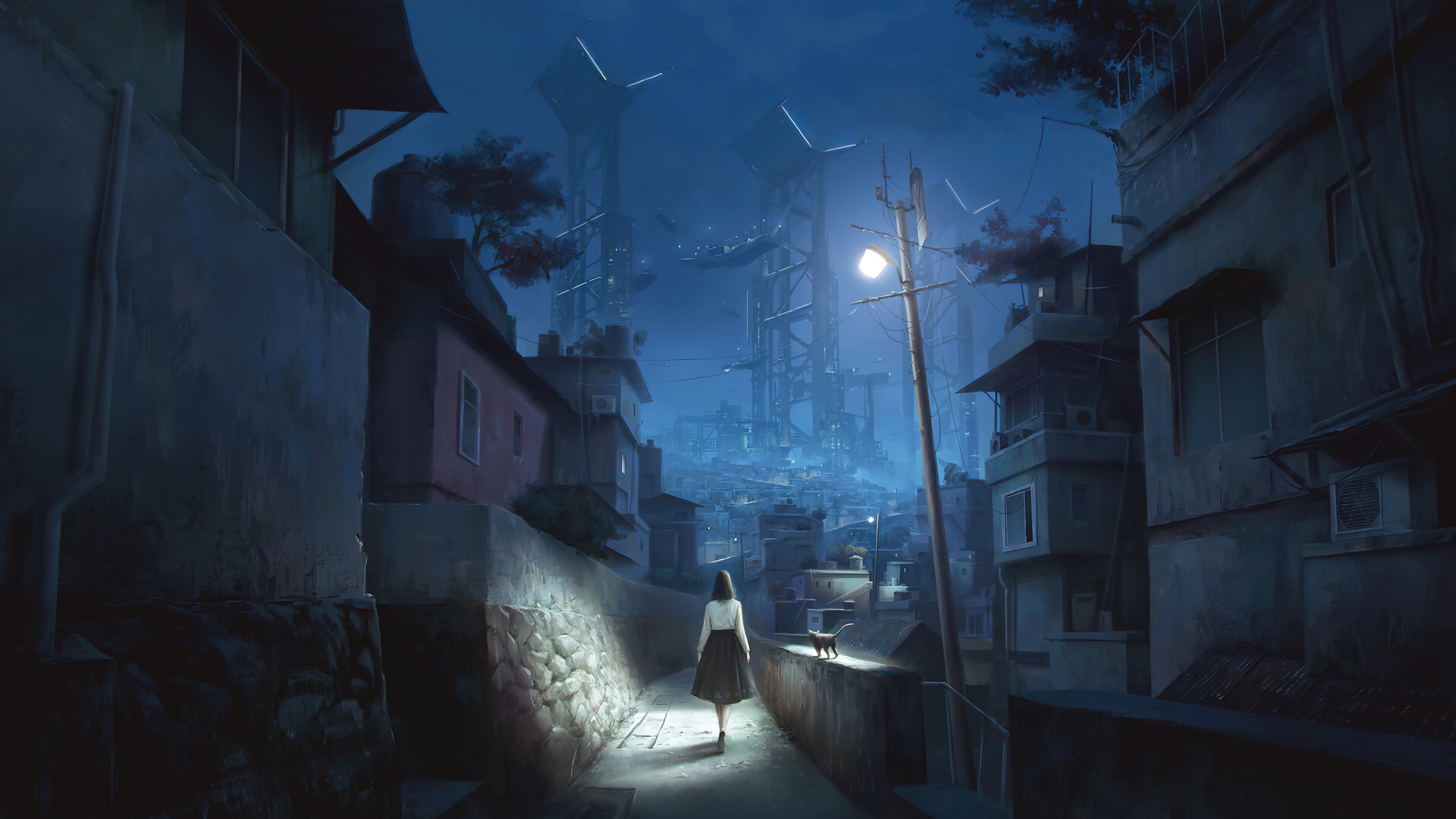 Anime girl and cat in alley at night 4K HD Wallpaper
