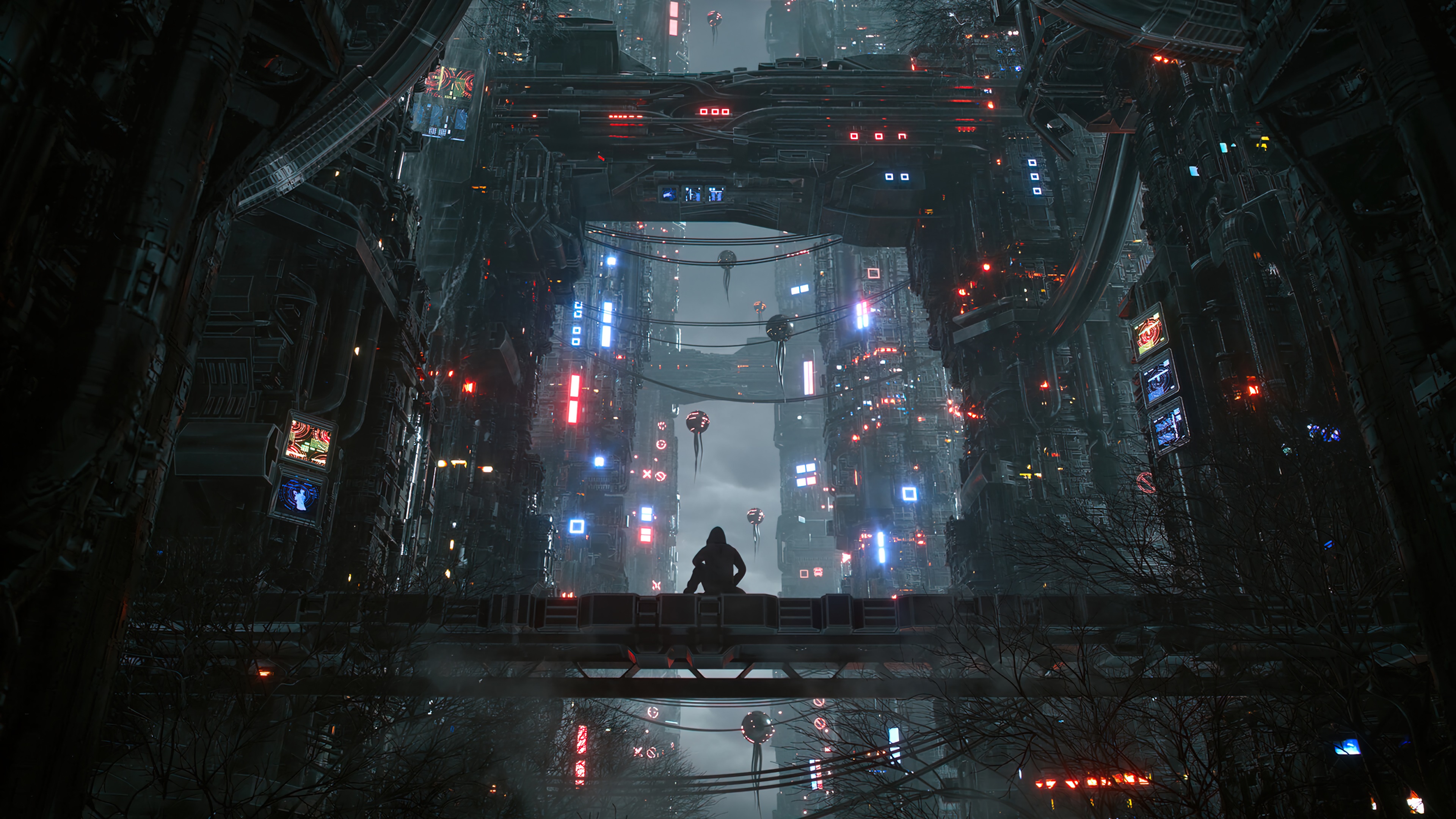 Sci-fi city with a lone figure on a bridge, 4K HD Wallpaper