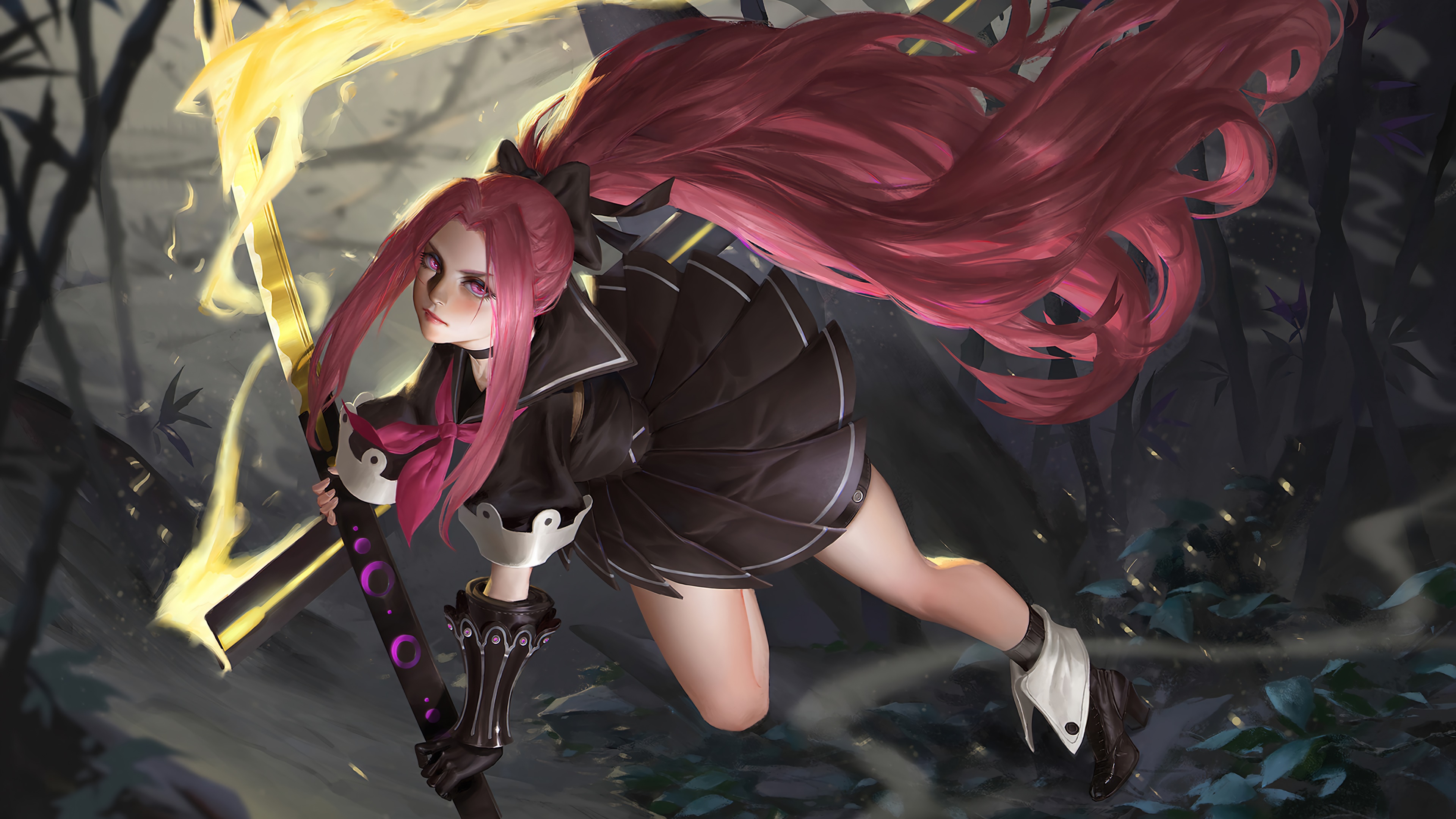Anime girl with red hair and sword in 4K HD Wallpaper