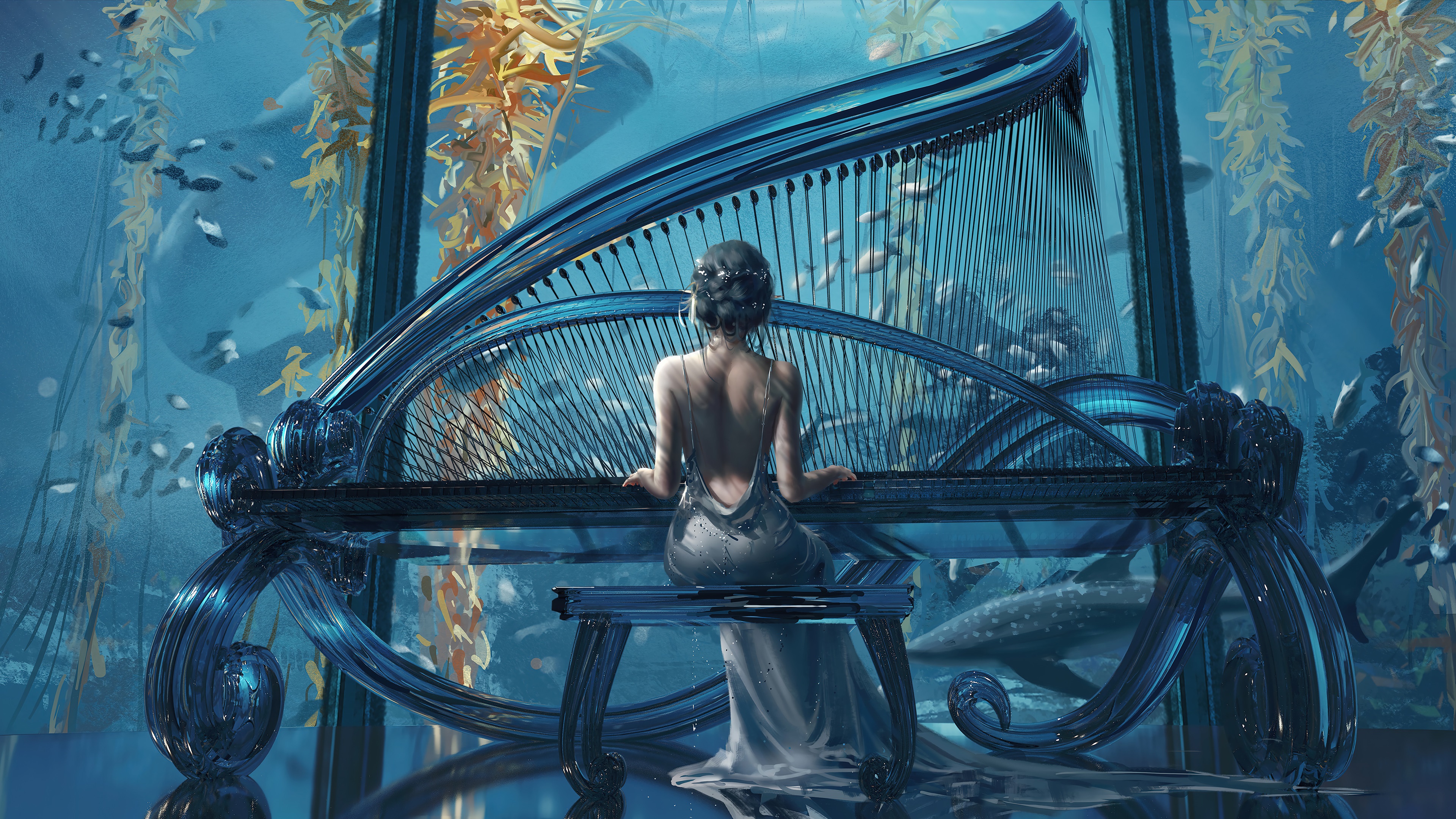 Girl playing a harp in an underwater fantasy scene 4K HD Wallpaper