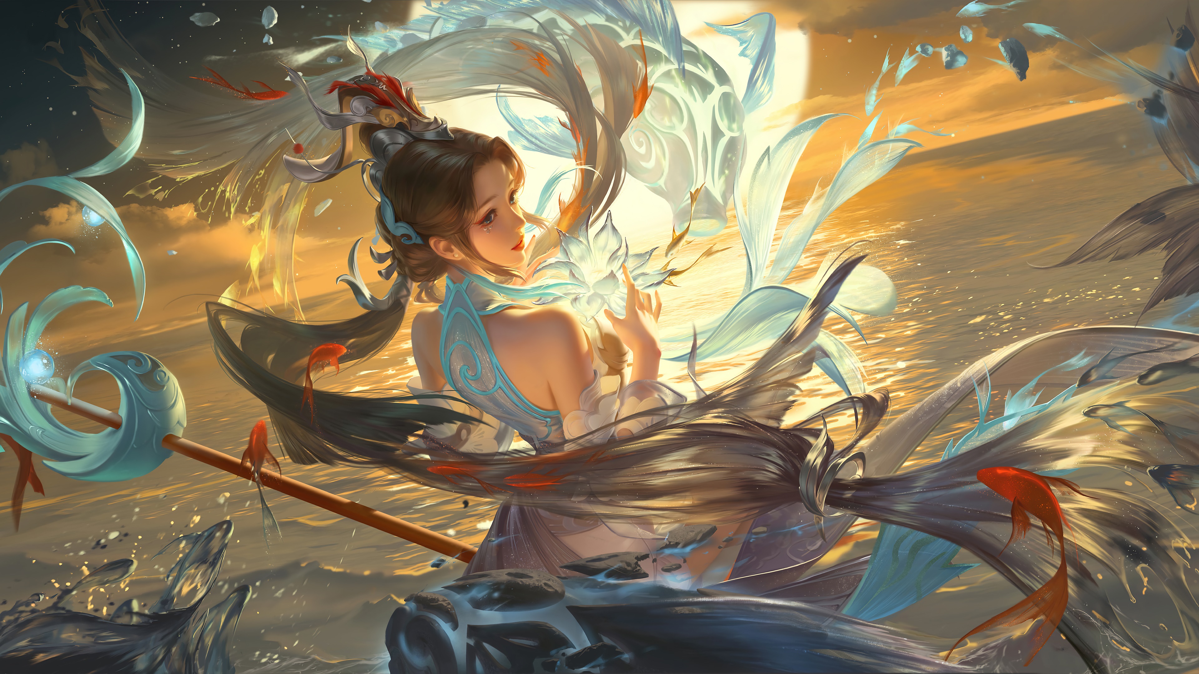 Fantasy girl with fish and water elements 4K HD Wallpaper