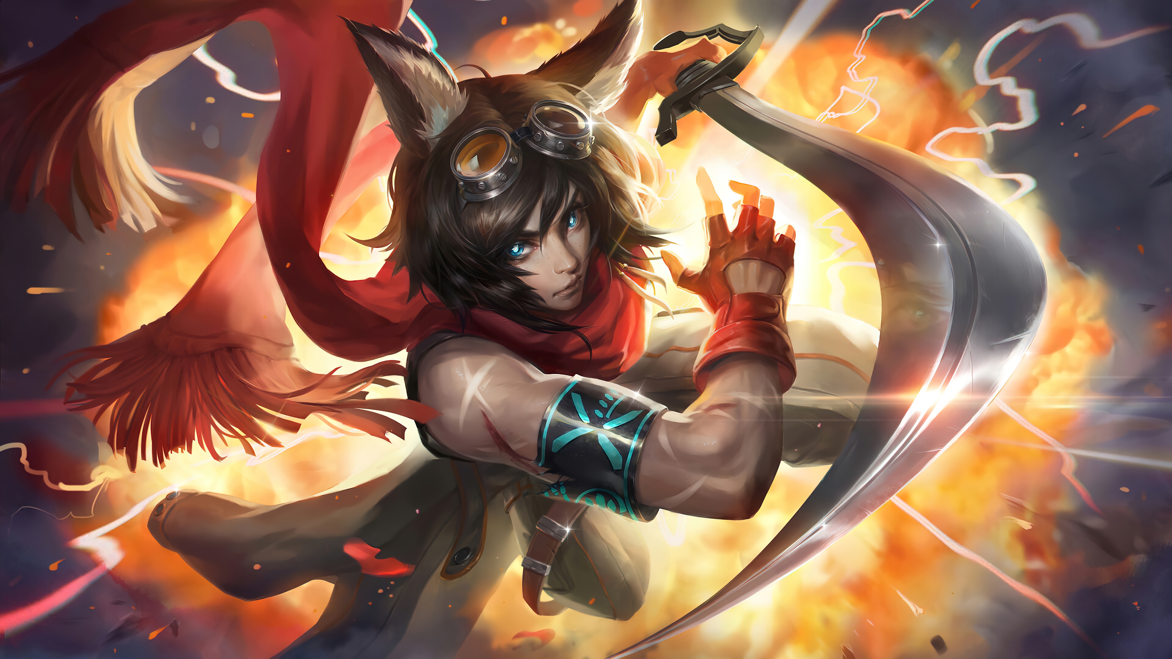 Fantasy warrior with sword and red scarf HD Wallpaper