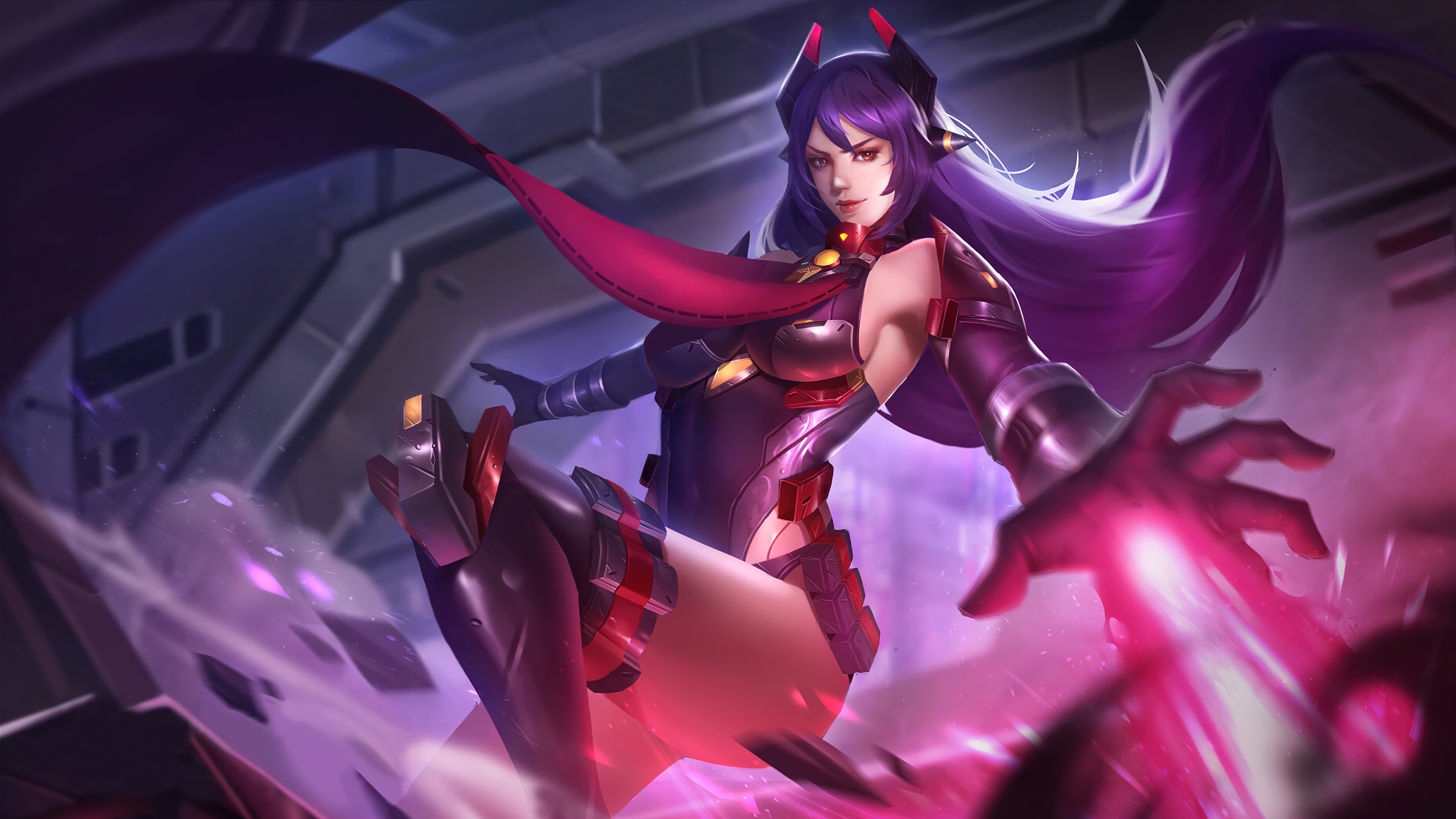 Sci-fi girl with purple hair and red accents HD Wallpaper