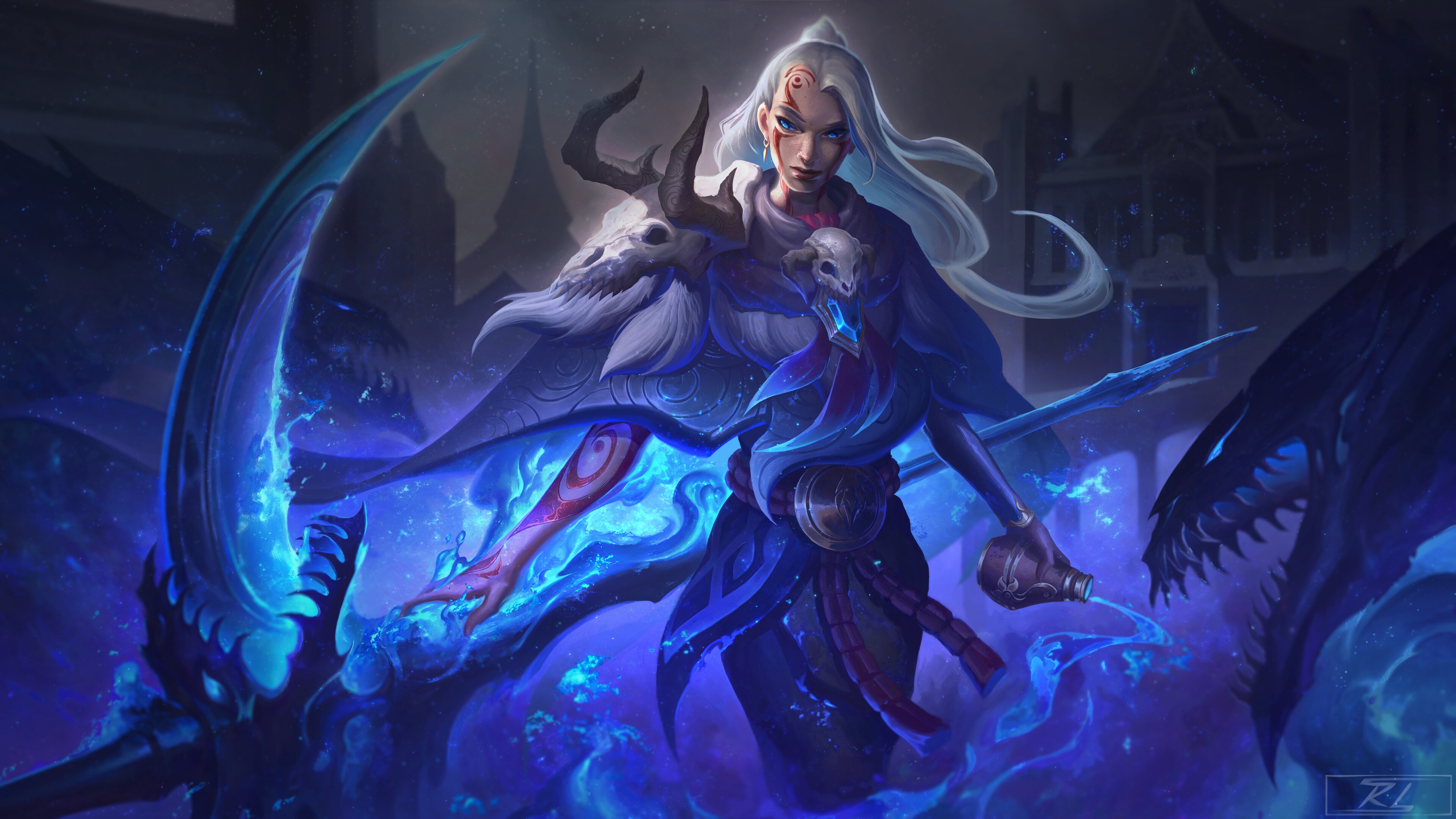 Fantasy warrior with scythe and blue energy HD Wallpaper