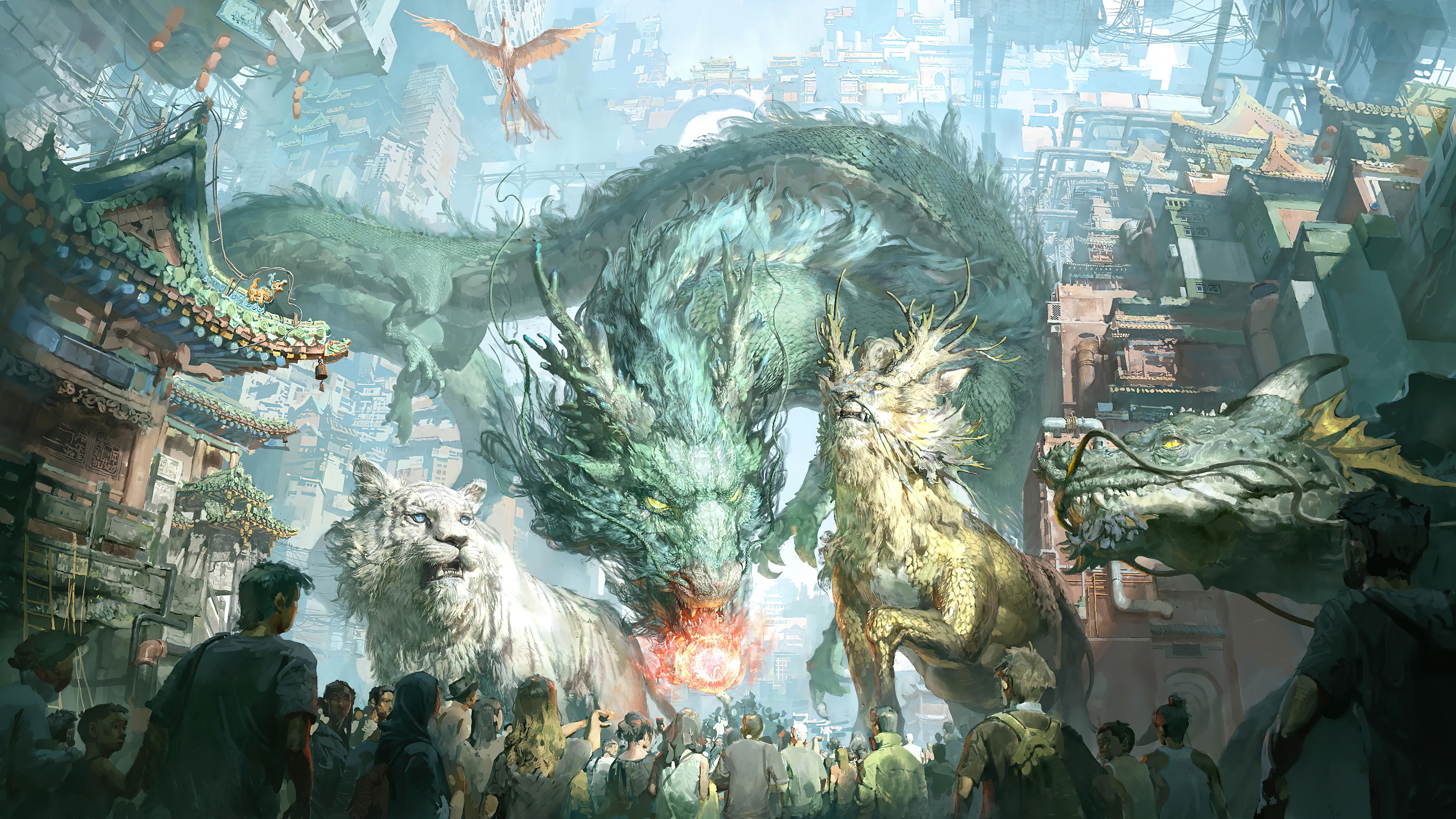 Mythical Creatures in a Fantasy City HD Wallpaper