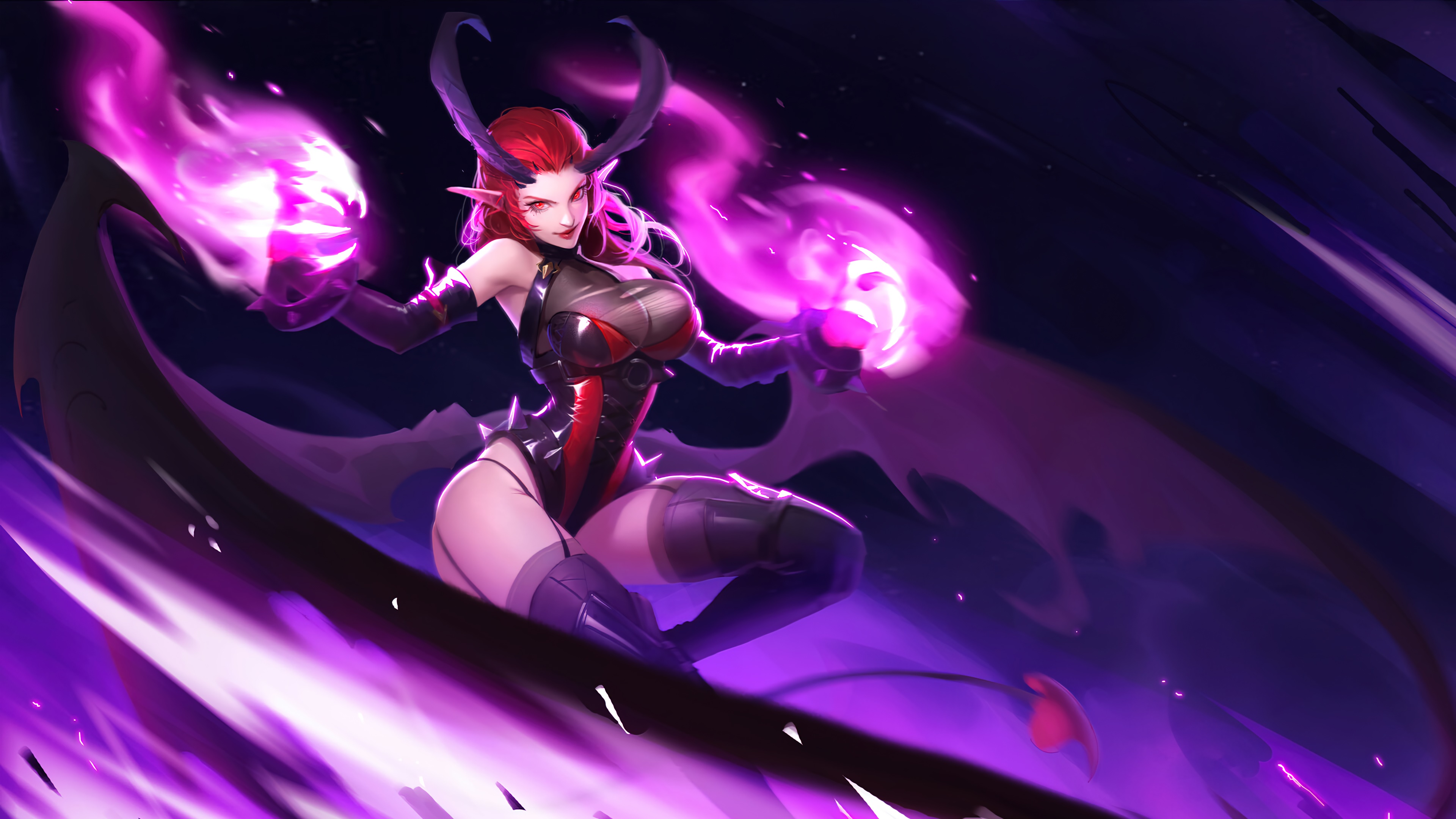 Demon elf girl with purple magic 4K HD Wallpaper