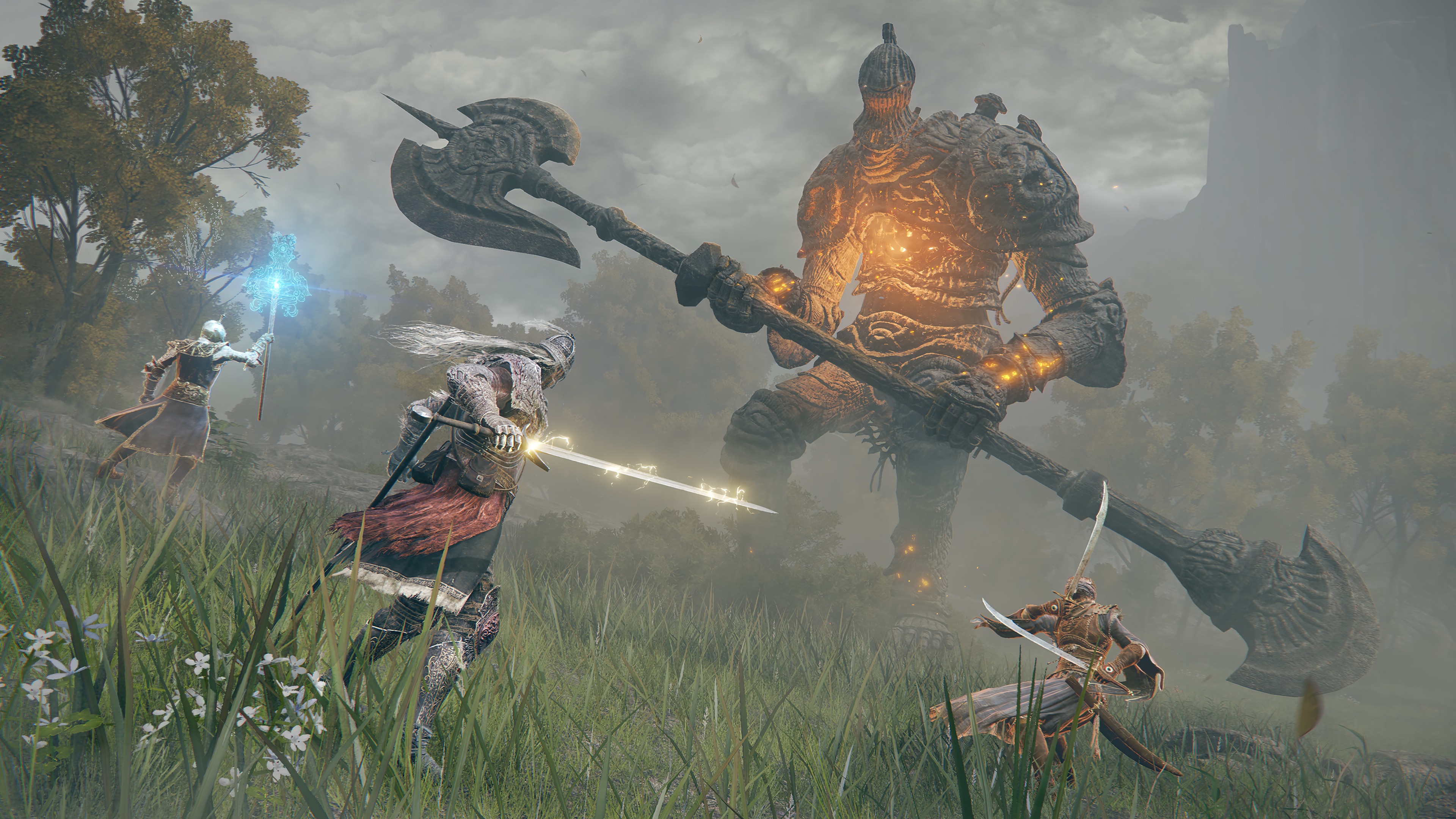 Elden Ring boss fight with giant golem and players HD Wallpaper