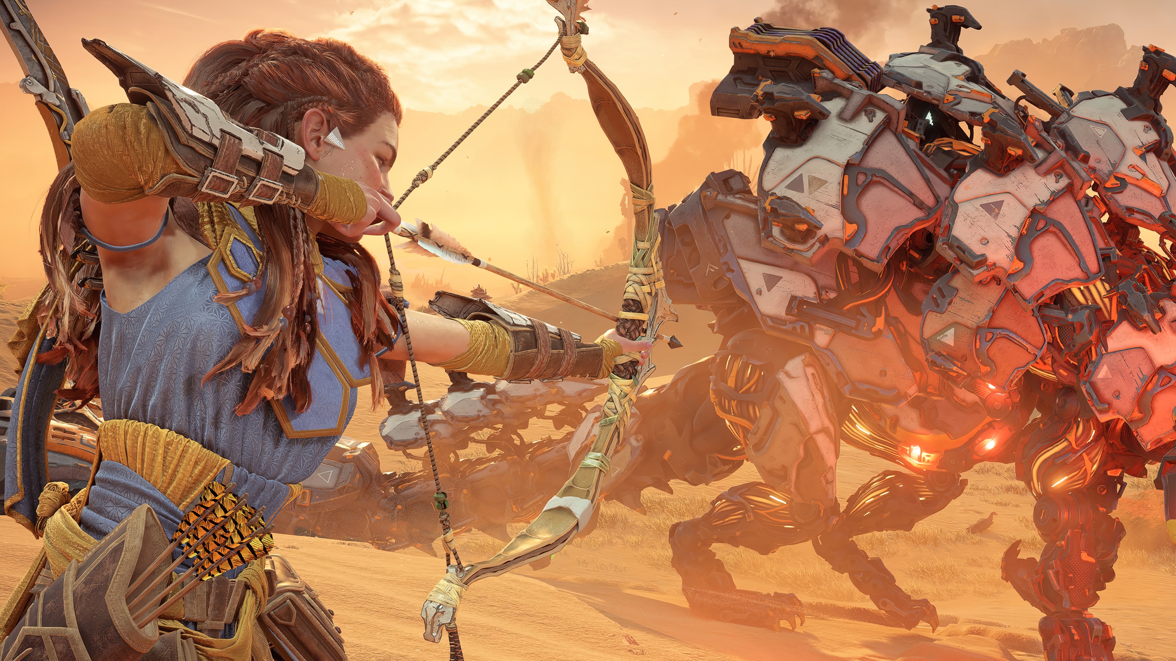 Aloy from Horizon Forbidden West aiming bow at machines HD Wallpaper