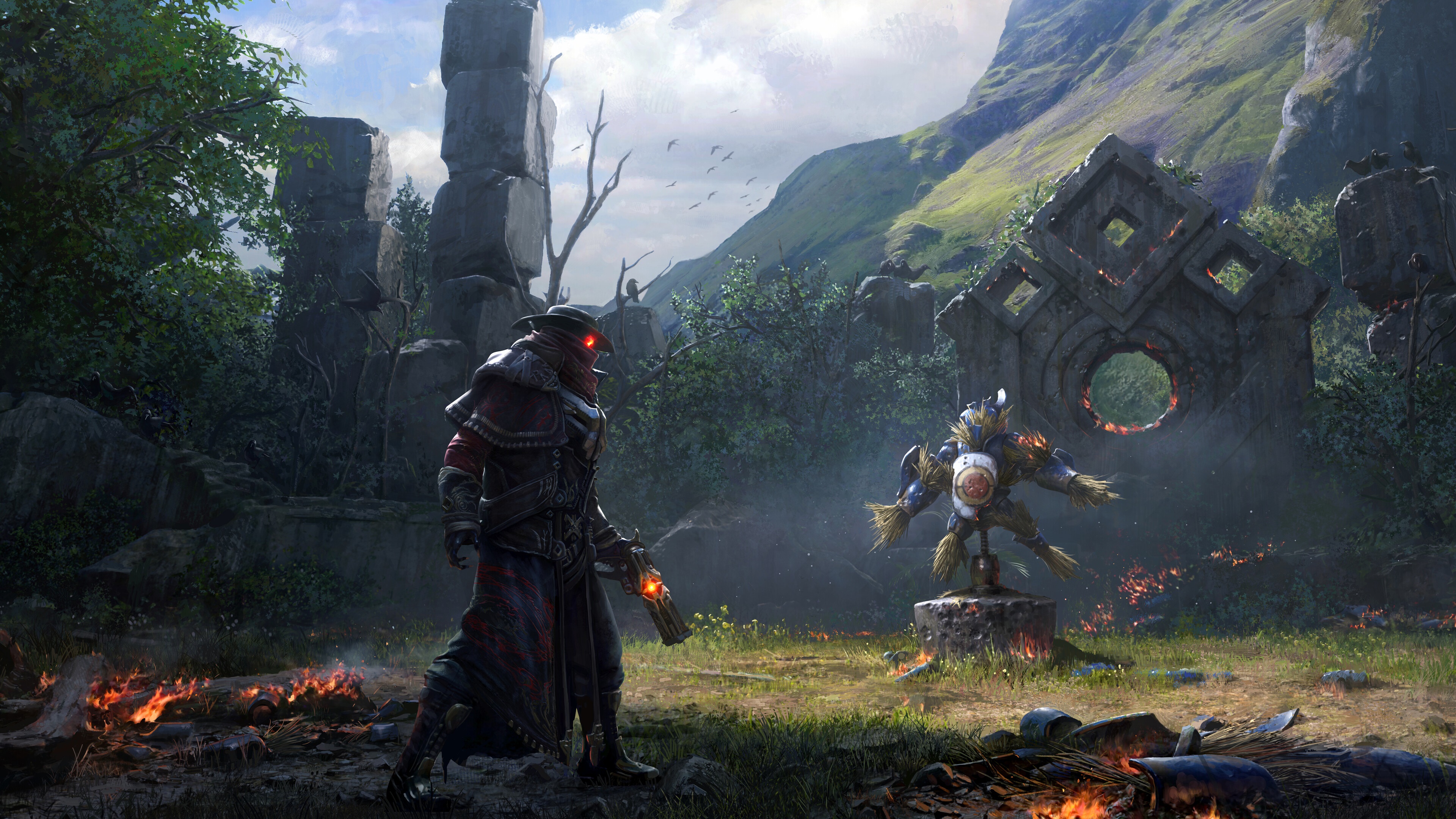 Overprime game characters in a forest ruin HD Wallpaper