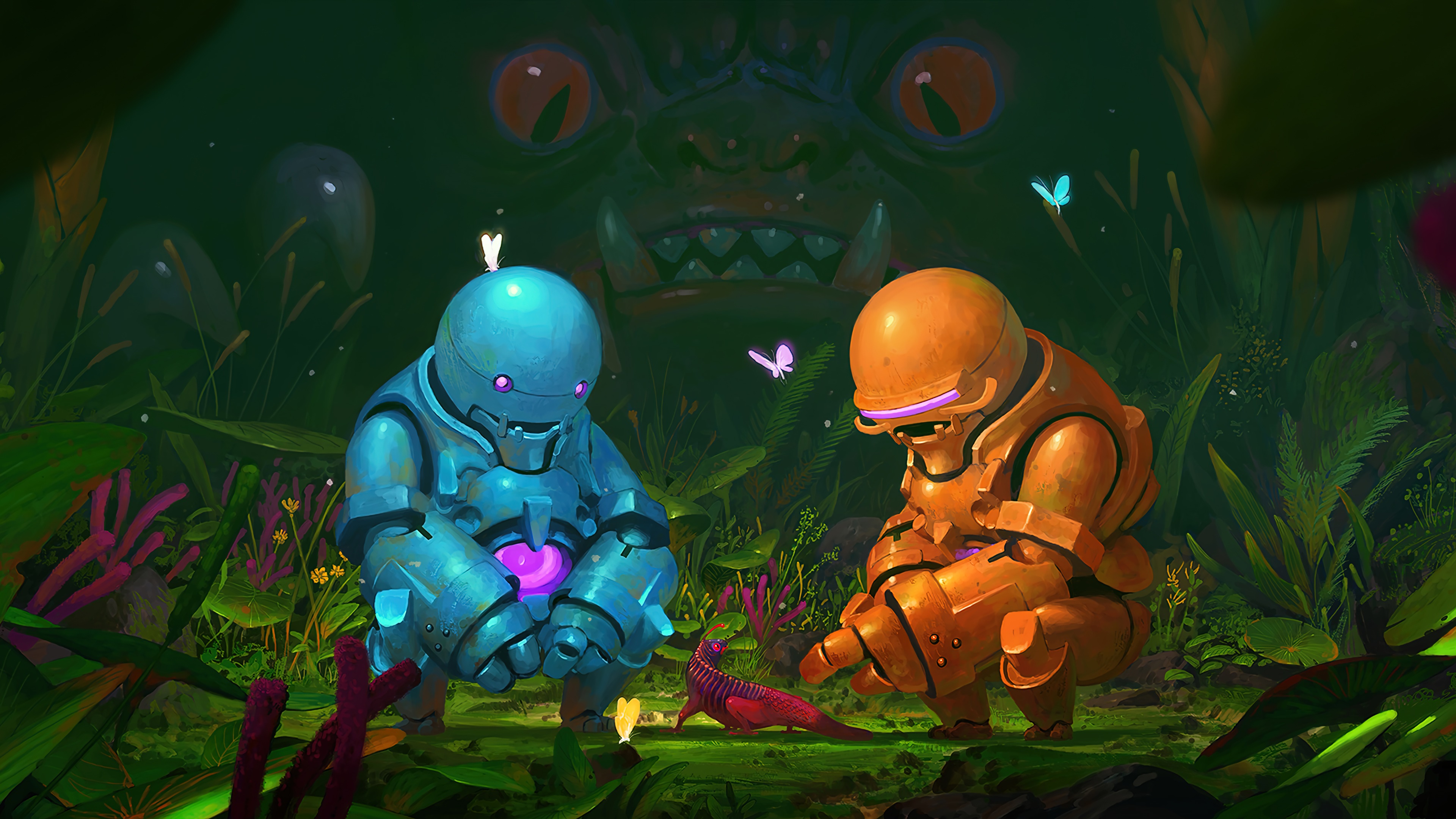 Robots and creature in a fantasy forest with a monster HD Wallpaper