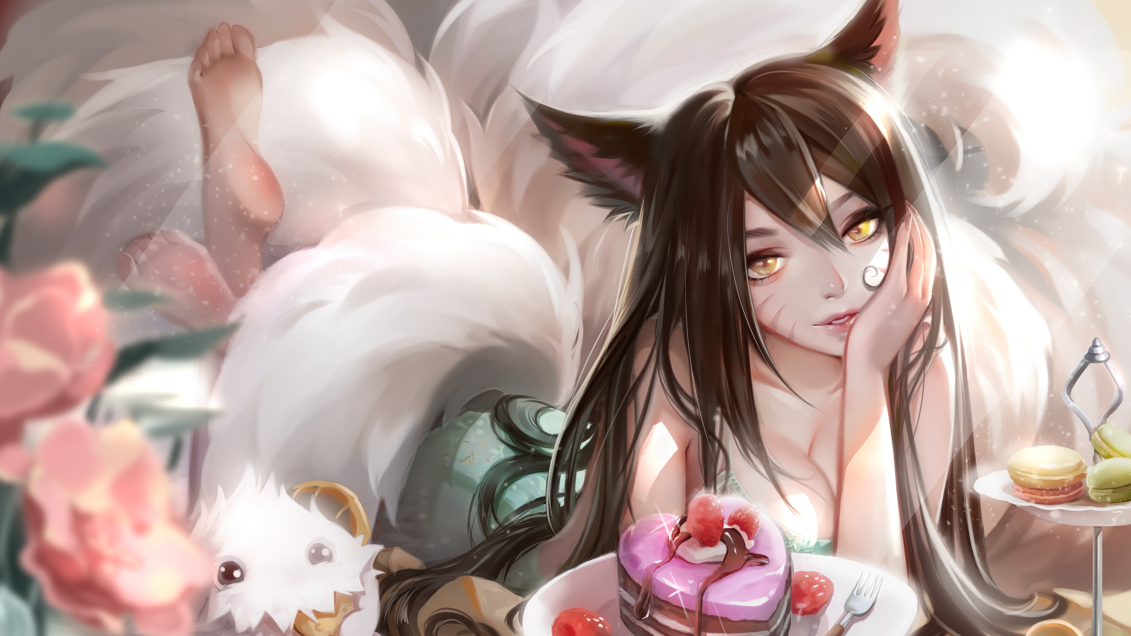 Ahri from League of Legends with cake and macarons HD Wallpaper