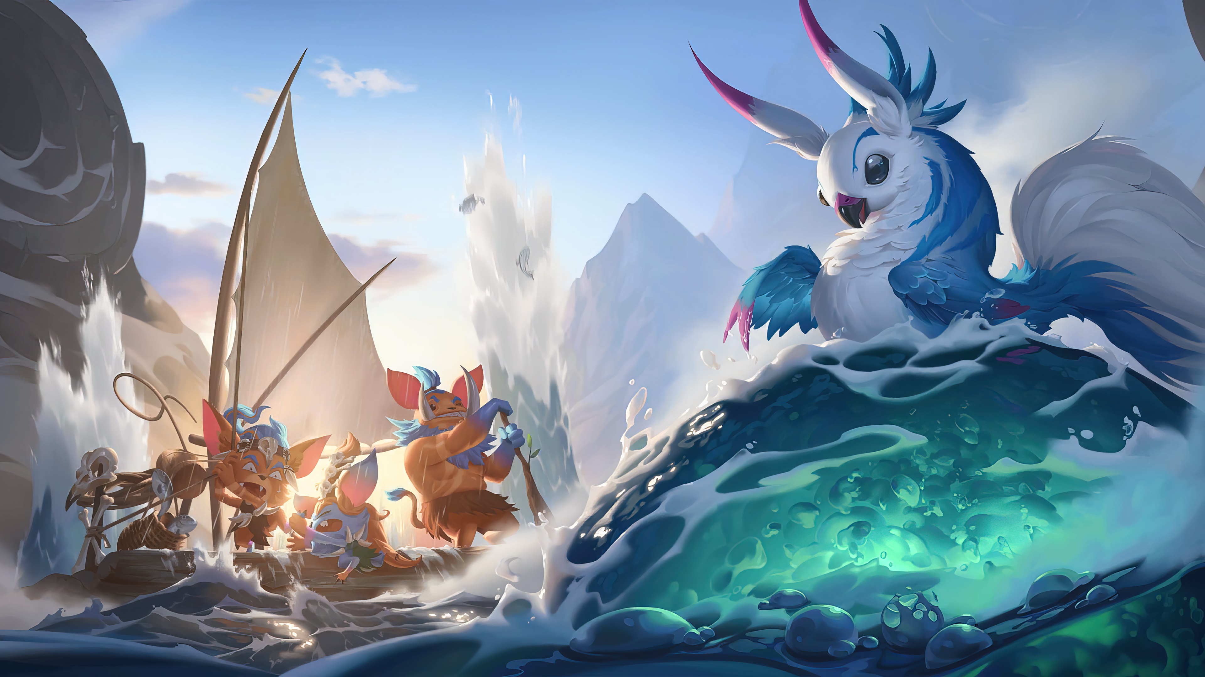 Bandle City creatures on a boat encounter a large bird creature HD Wallpaper