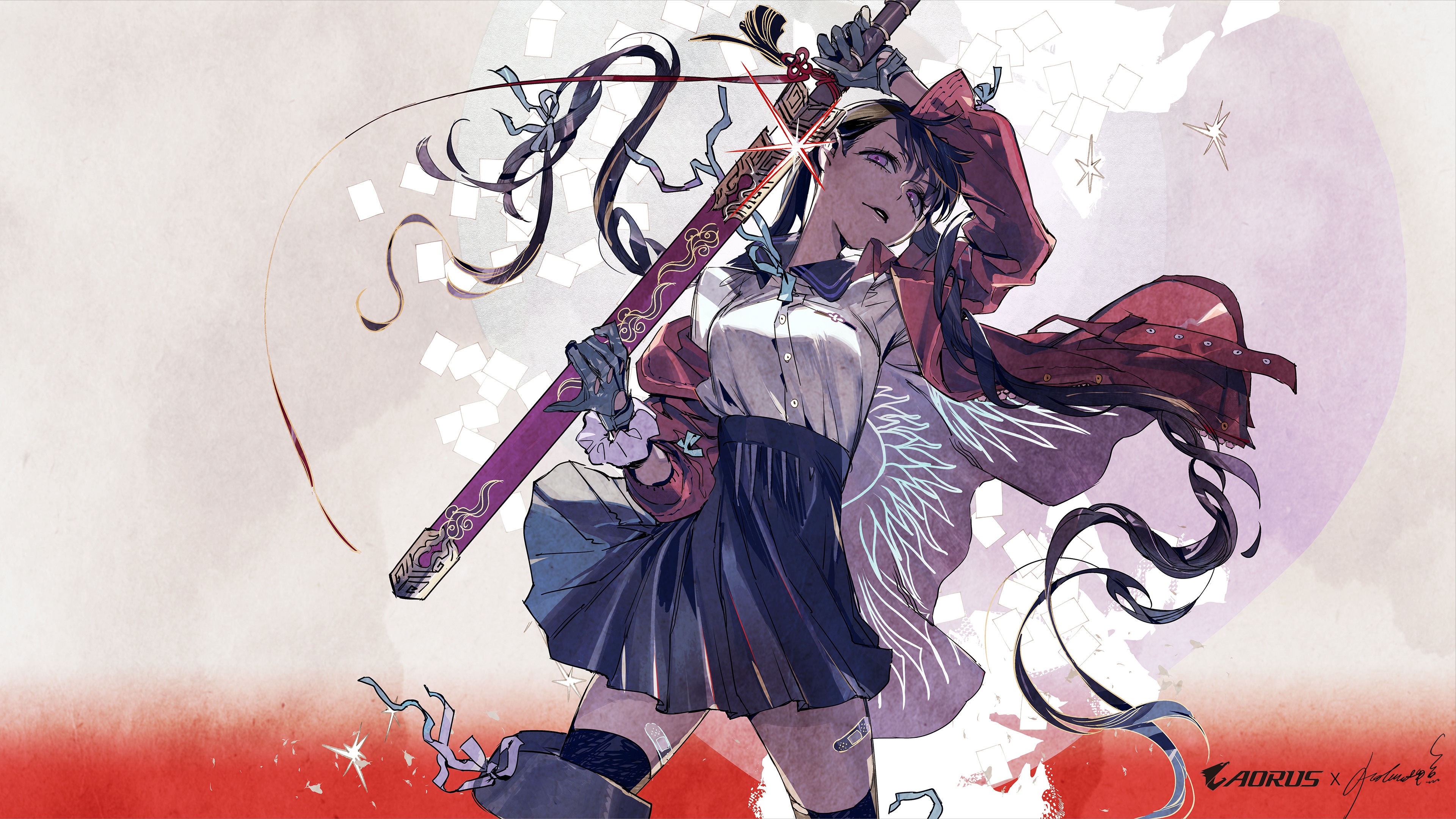 Anime girl with sword, Aorus x Gigabyte, 4K HD Wallpaper