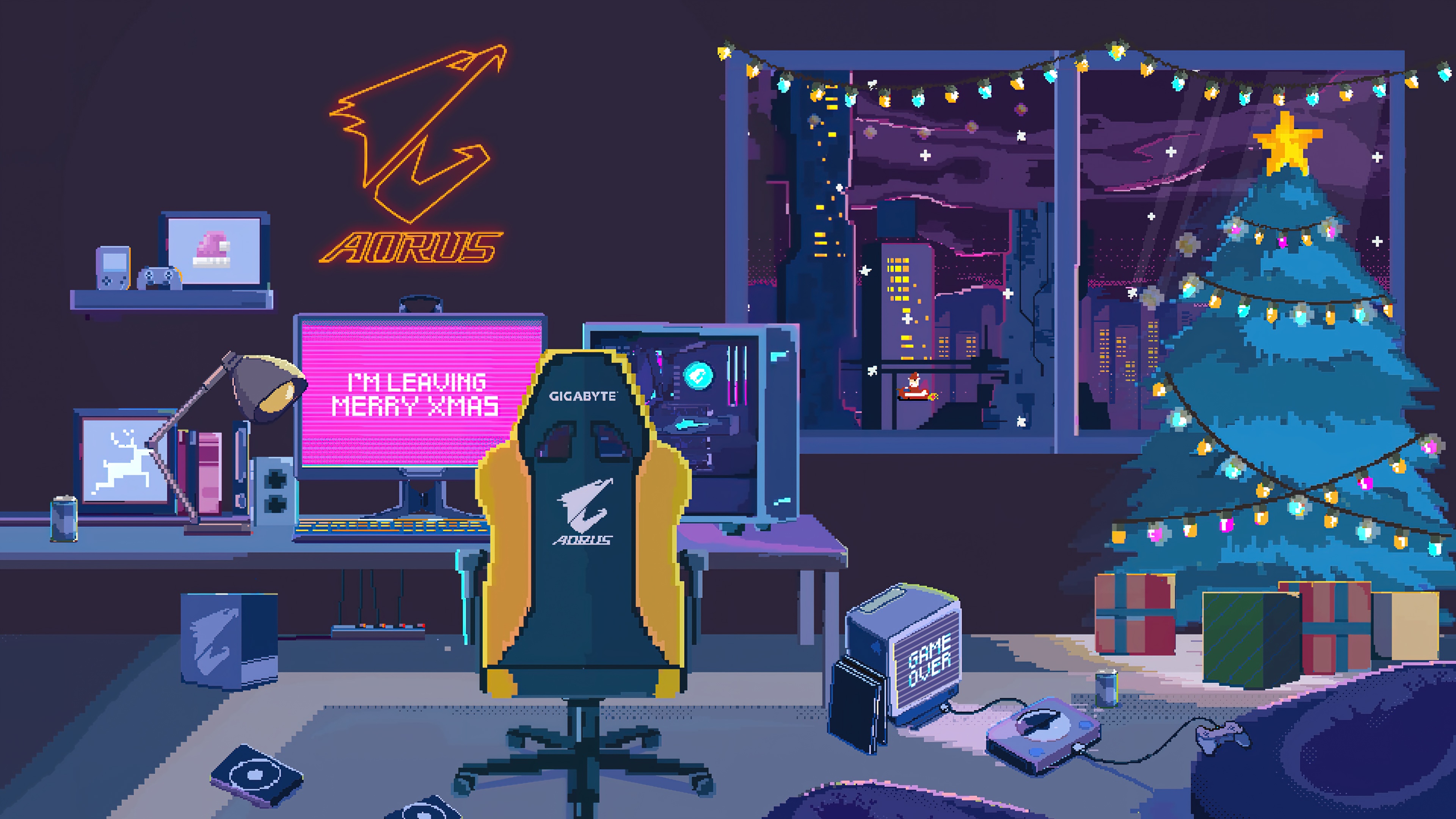 Aorus Gigabyte Pixel Art Christmas Room 4K HD Wallpaper