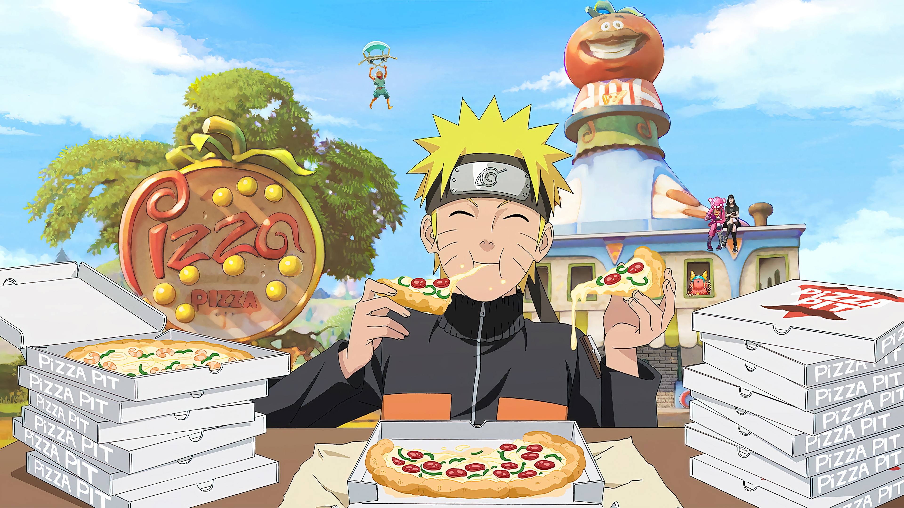 Naruto from Fortnite eating pizza HD Wallpaper