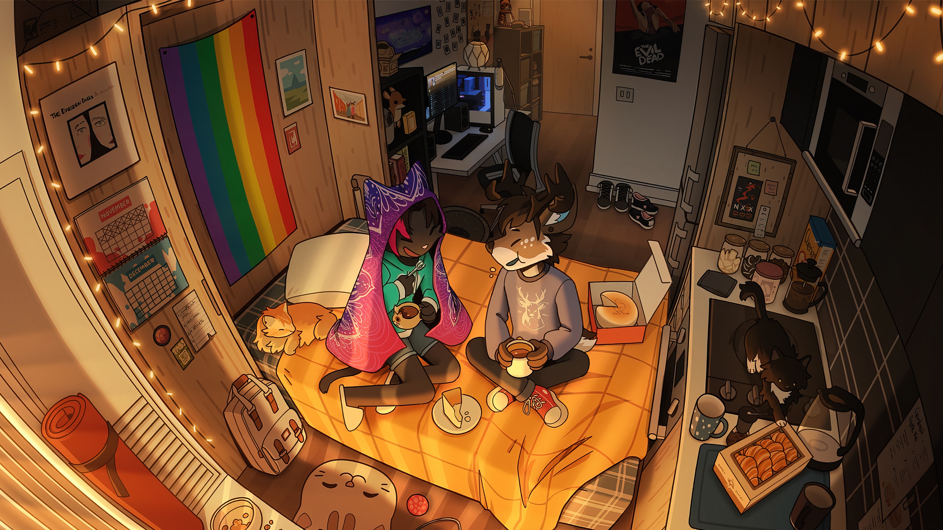 Lofi bedroom with furry characters and food HD Wallpaper